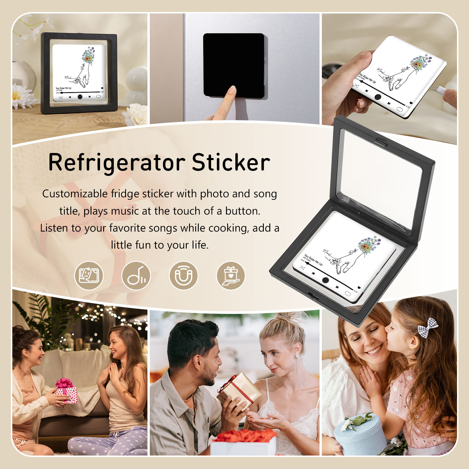 Aimant De Réfrigérateur de Musique 1 Photo et 2 Prénoms Personnalisé Aimant De Frigo la main dans la main en blanc | Jessemade