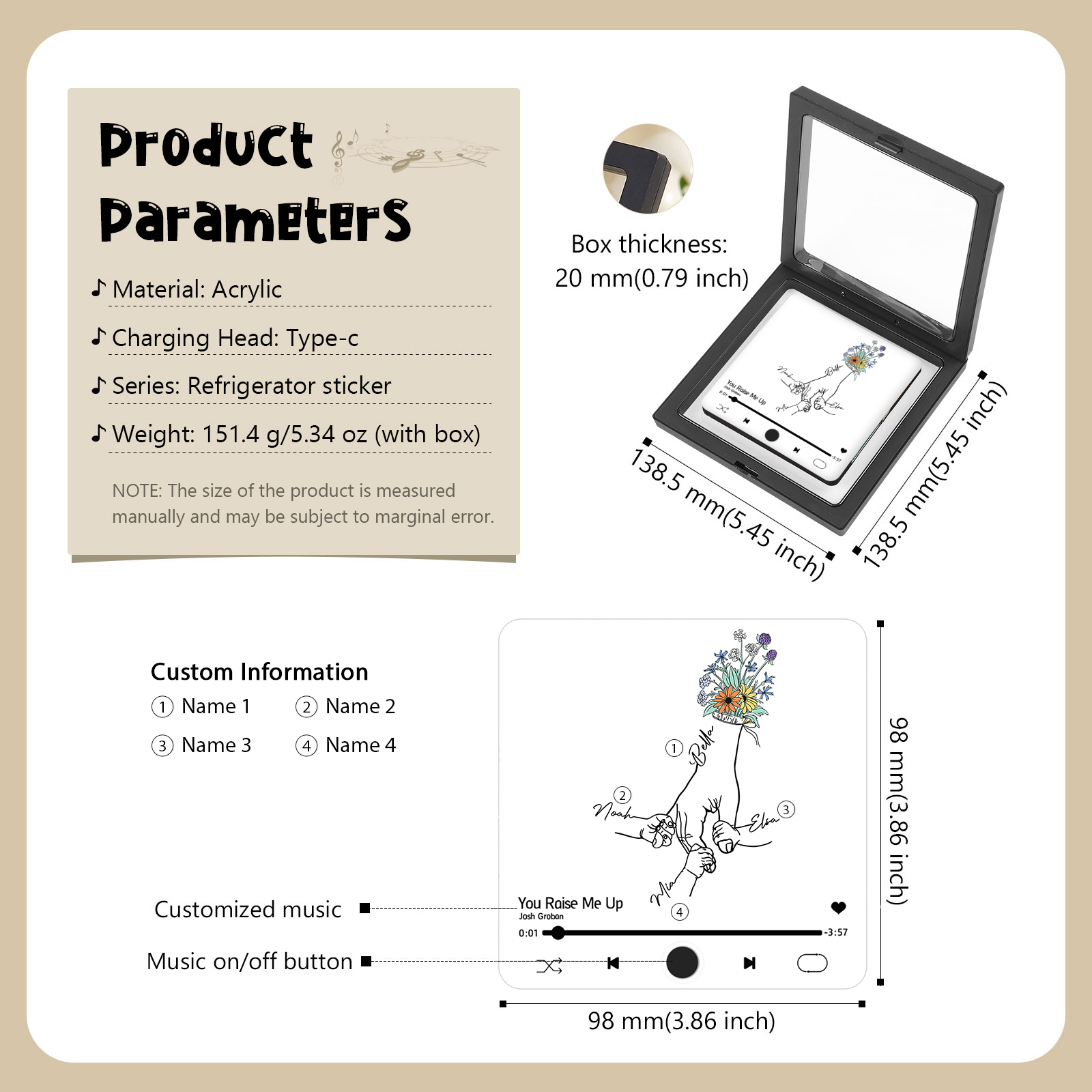 Aimant De Frigo Personnalisé avec 4 Prénoms Patch Magnétique Musical Personnalisé en blanc | Jessemade
