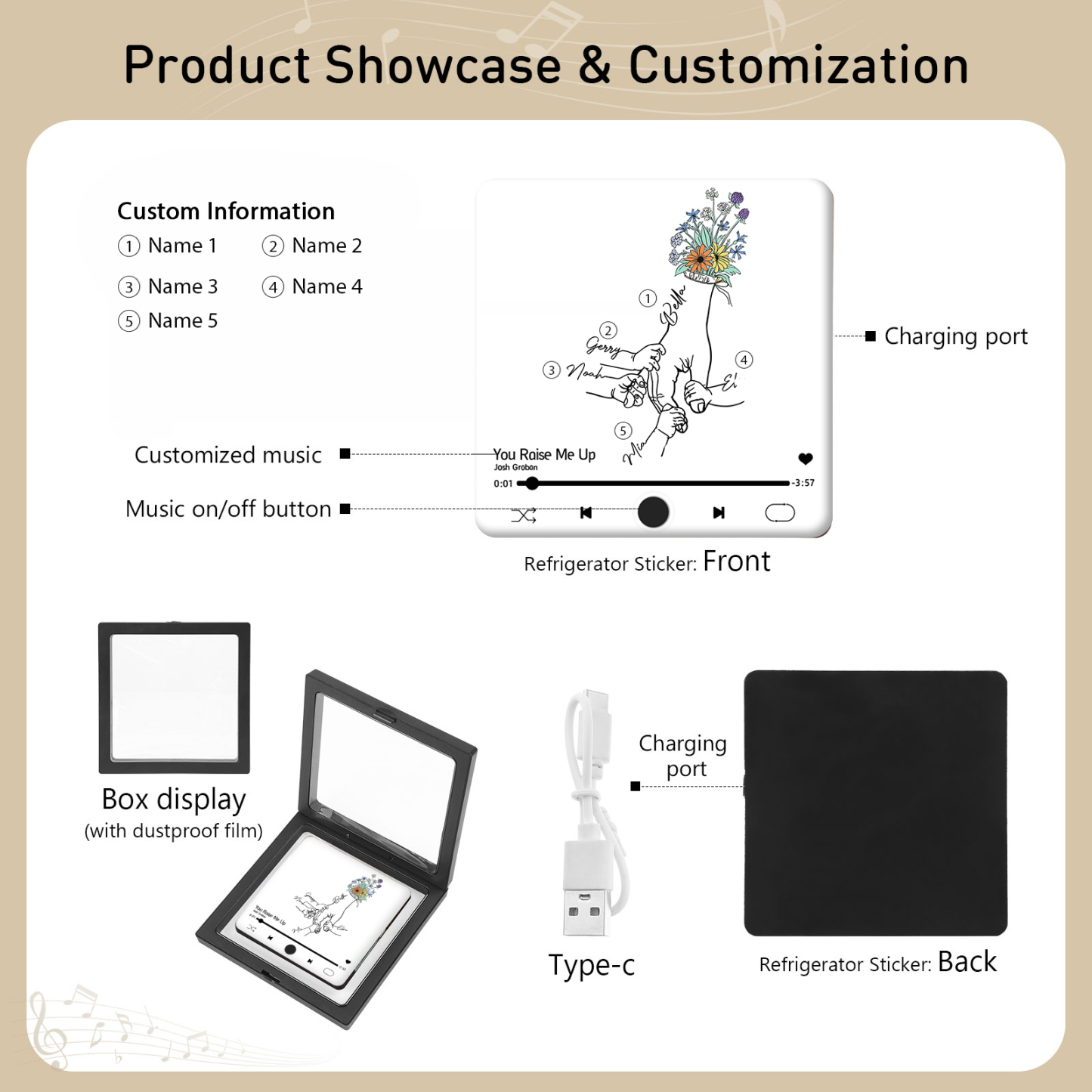 Aimant De Frigo Personnalisé avec 5 Prénoms Patch Magnétique Musical Personnalisé en blanc | Jessemade