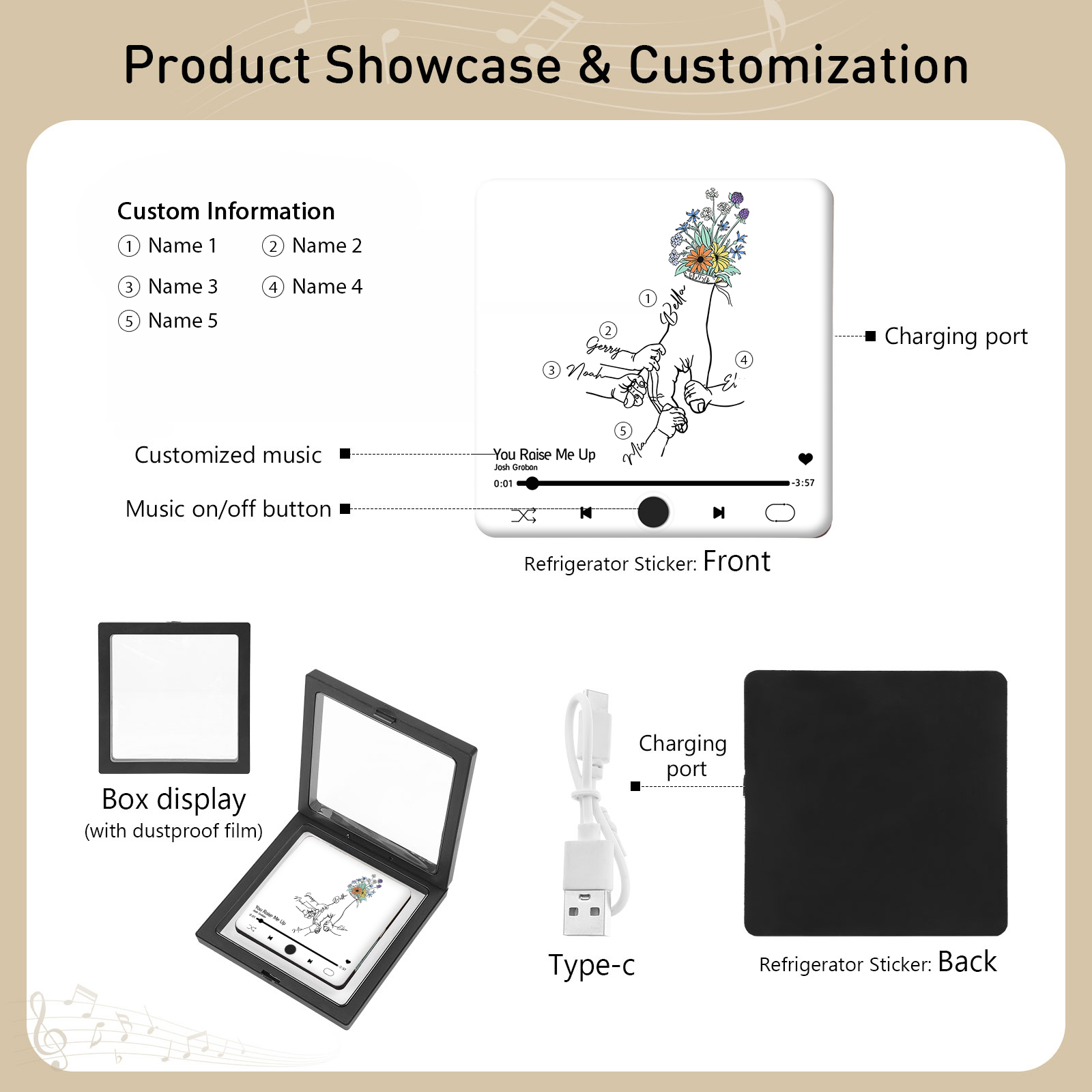 Aimant De Frigo Personnalisé avec 5 Prénoms Patch Magnétique Musical Personnalisé en blanc | Jessemade