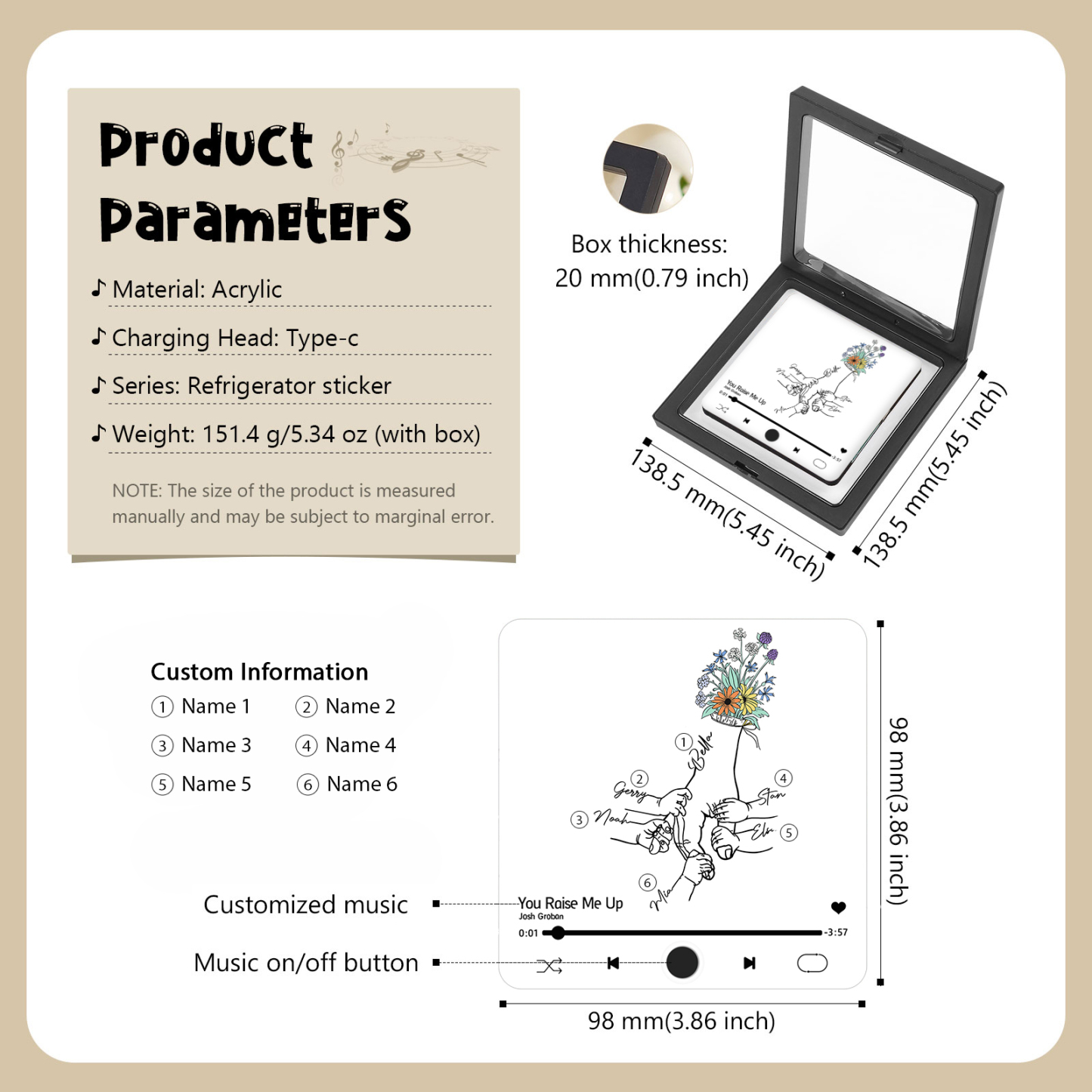 Aimant De Frigo Personnalisé avec 6 Prénoms Patch Magnétique Musical Personnalisé  en blanc | Jessemade