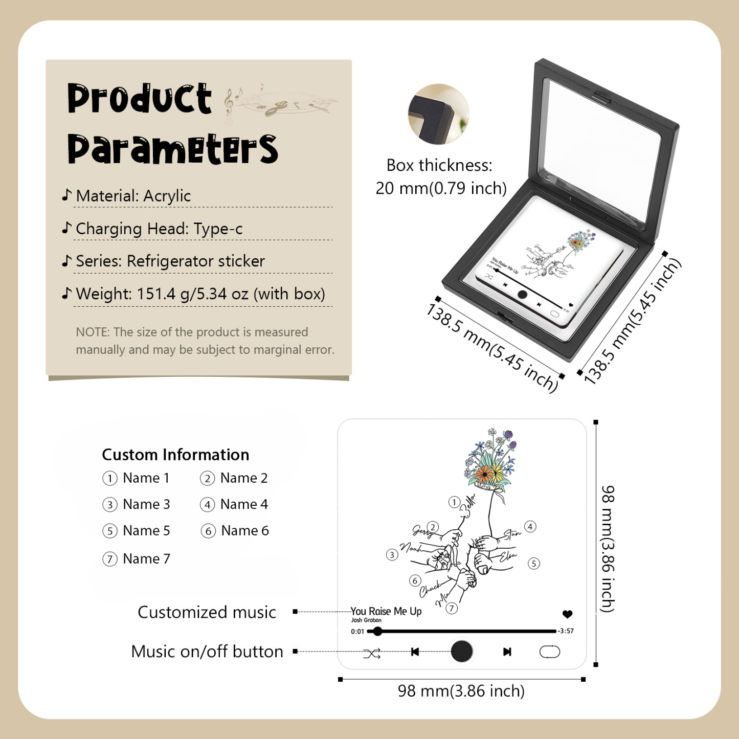 Aimant De Frigo 7 Prénoms Personnalisés Patch Magnétique Musical Personnalisé  en blanc | Jessemade