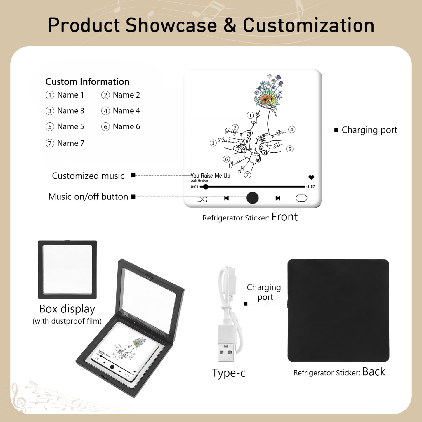 Aimant De Frigo 7 Prénoms Personnalisés Patch Magnétique Musical Personnalisé  en blanc | Jessemade