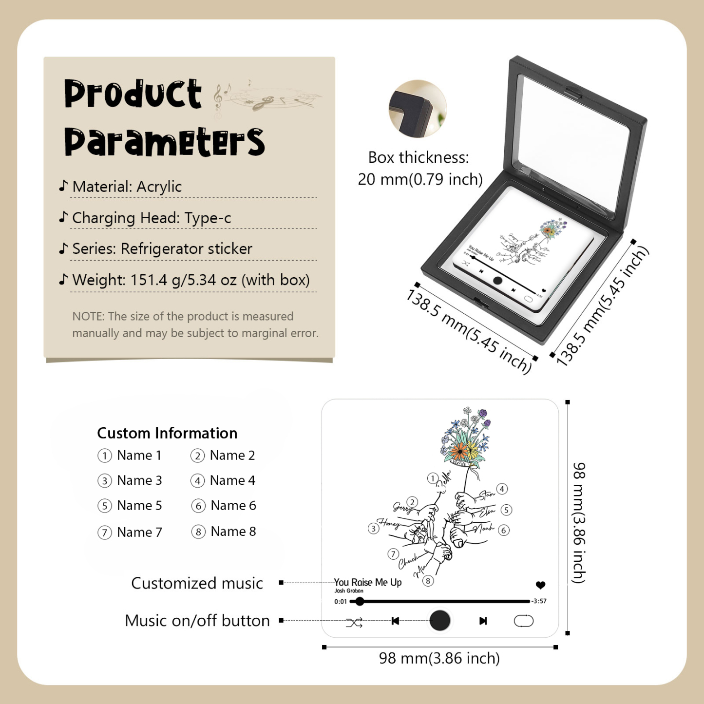 Aimant De Frigo Personnalisé avec 8 Prénoms Patch Magnétique Musical Personnalisé  en blanc | Jessemade