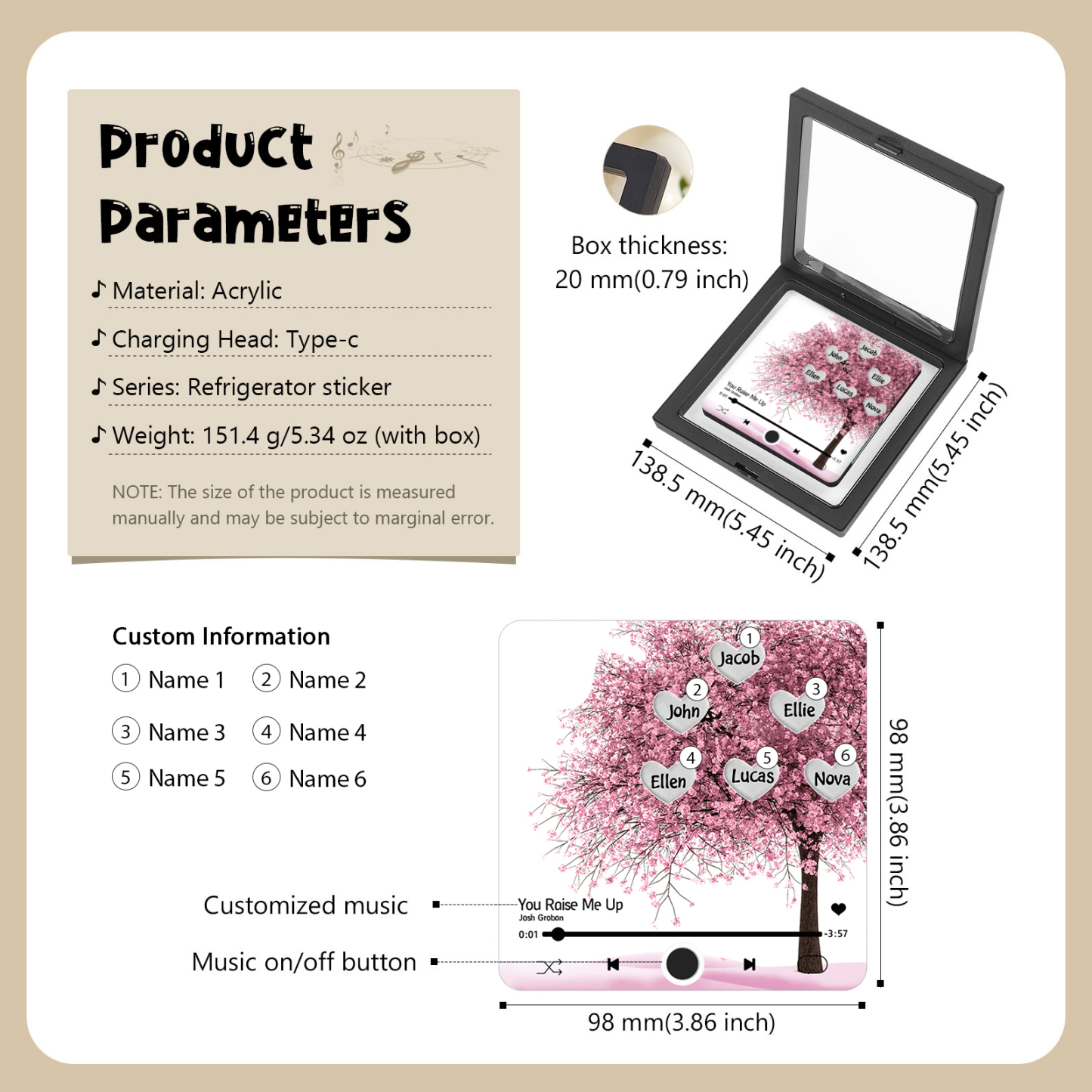 Aimant De Frigo Personnalisé avec 6 Prénoms Patch Magnétique Musical Personnalisé  en arbre rose | Jessemade