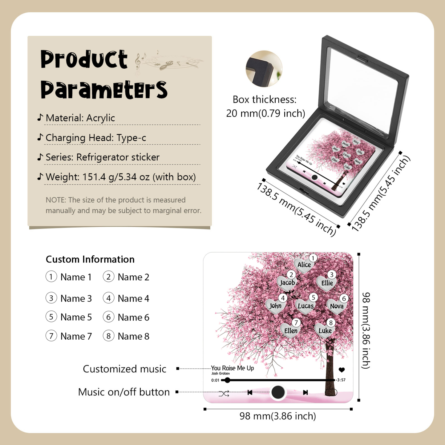 Aimant De Frigo 8 Prénoms Personnalisés Patch Magnétique Musical Personnalisé en arbre rose | Jessemade