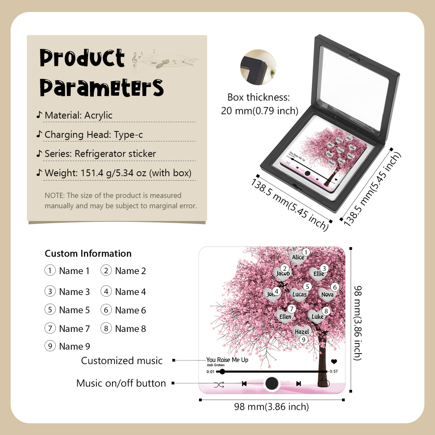 Aimant De Frigo Personnalisés avec 9 Prénoms Patch Magnétique Musical Personnalisé en arbre rose | Jessemade