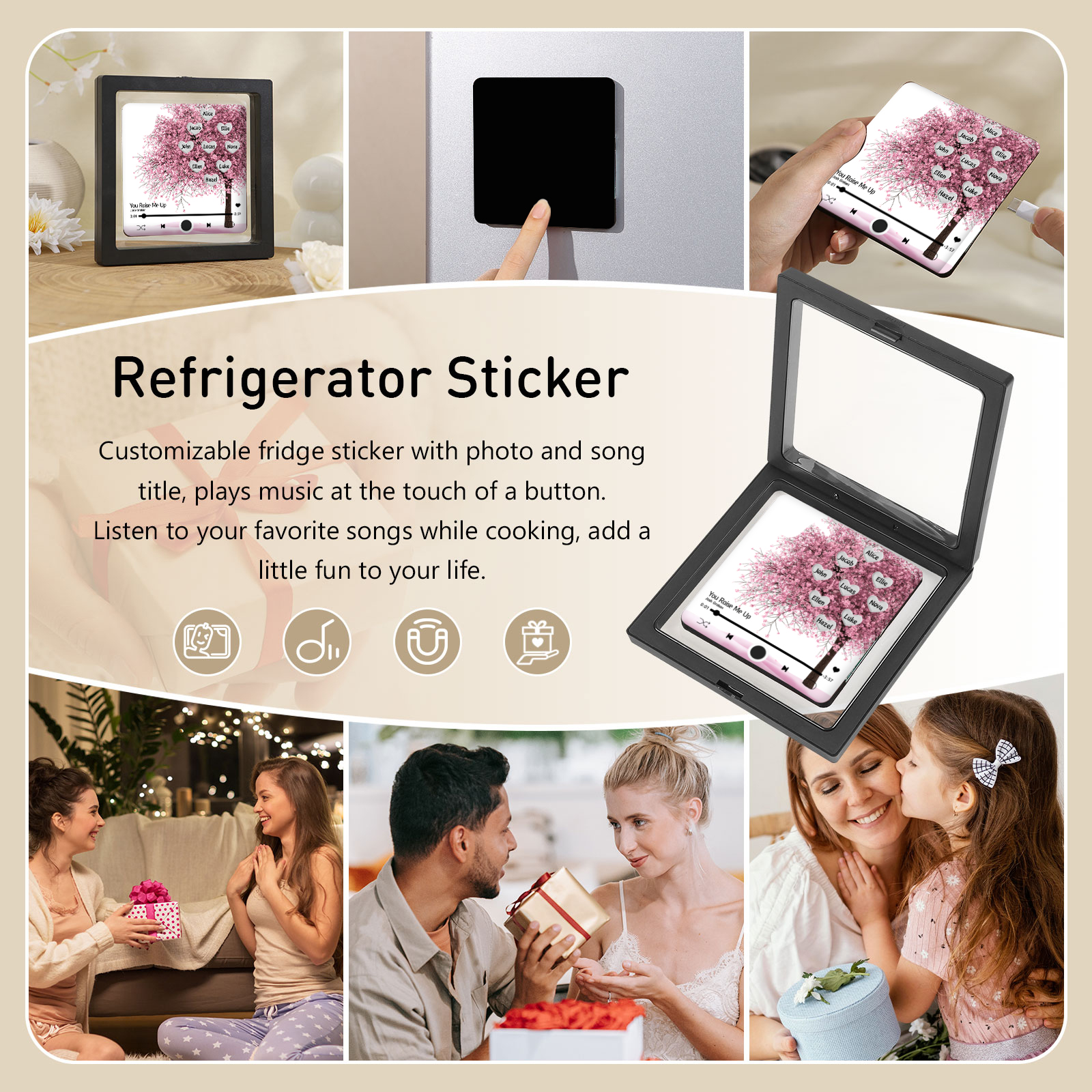 Aimant De Frigo Personnalisés avec 9 Prénoms Patch Magnétique Musical Personnalisé  en arbre rose | Jessemade