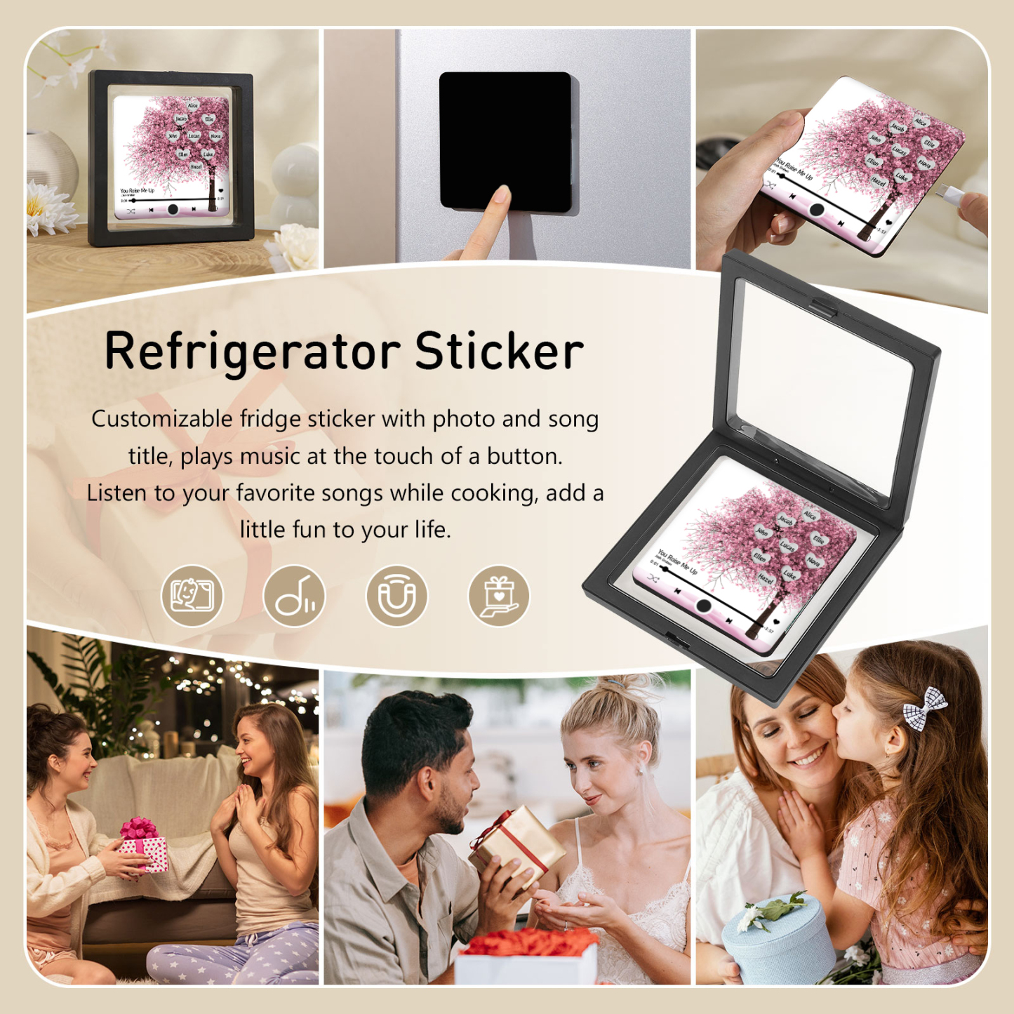 Aimant De Frigo Personnalisés avec 9 Prénoms Patch Magnétique Musical Personnalisé en arbre rose | Jessemade