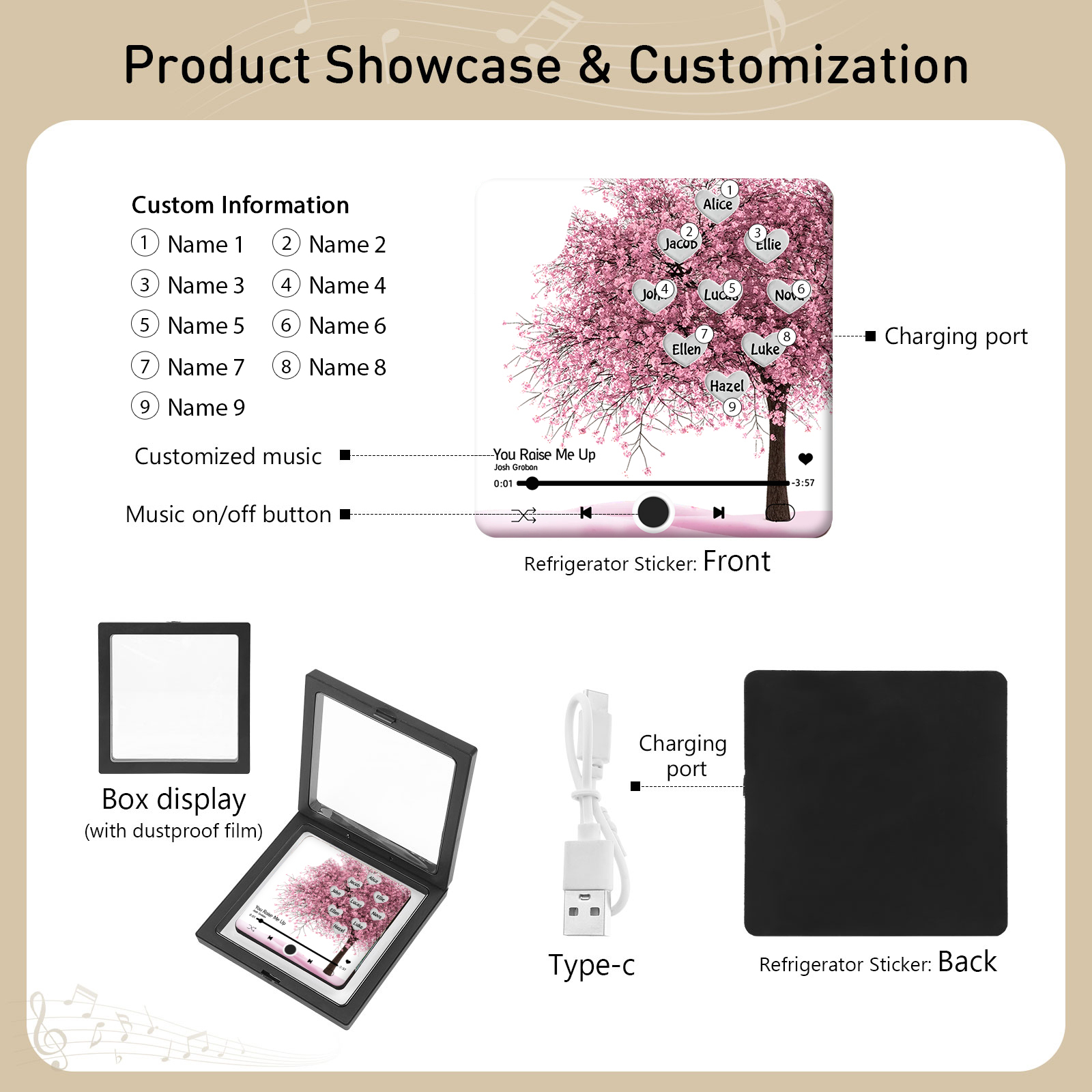 Aimant De Frigo Personnalisés avec 9 Prénoms Patch Magnétique Musical Personnalisé en arbre rose | Jessemade