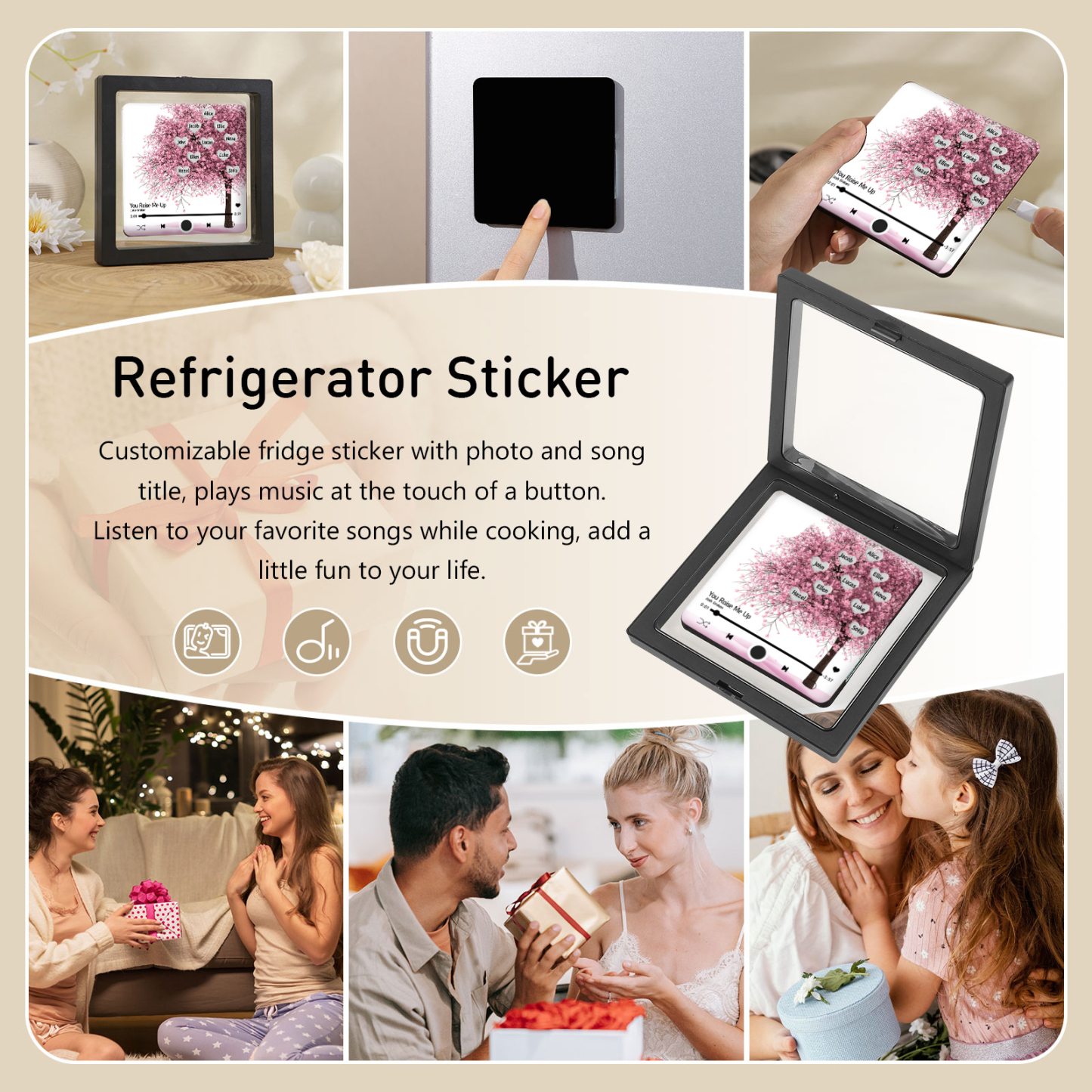 Aimant De Frigo Personnalisés avec 10 Prénoms Patch Magnétique Musical Personnalisé en arbre rose | Jessemade