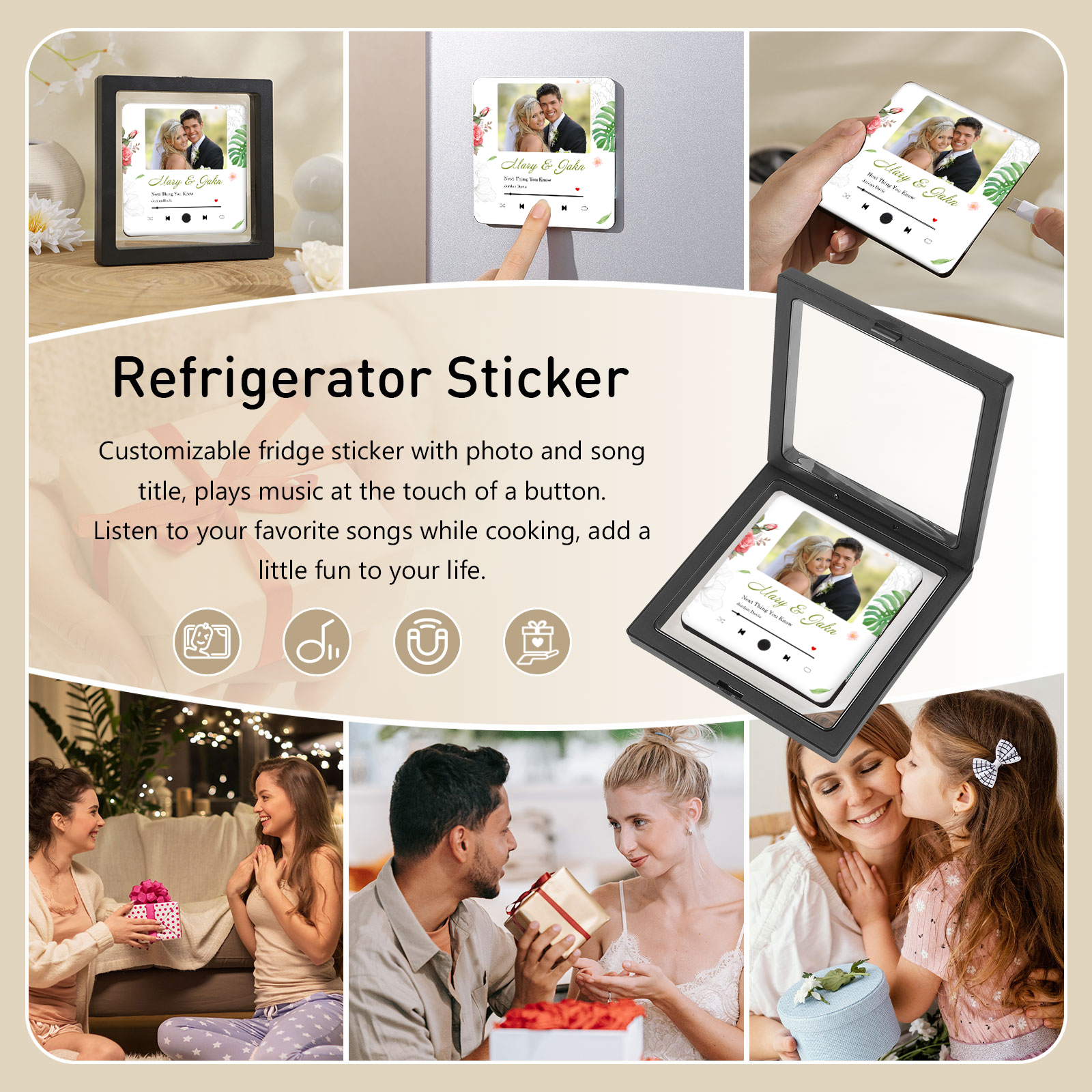 Aimant De Réfrigérateur de Musique 2 Prénoms et 1 Photo Personnalisé Aimant De Frigo en blanc pour Couple | Jessemade