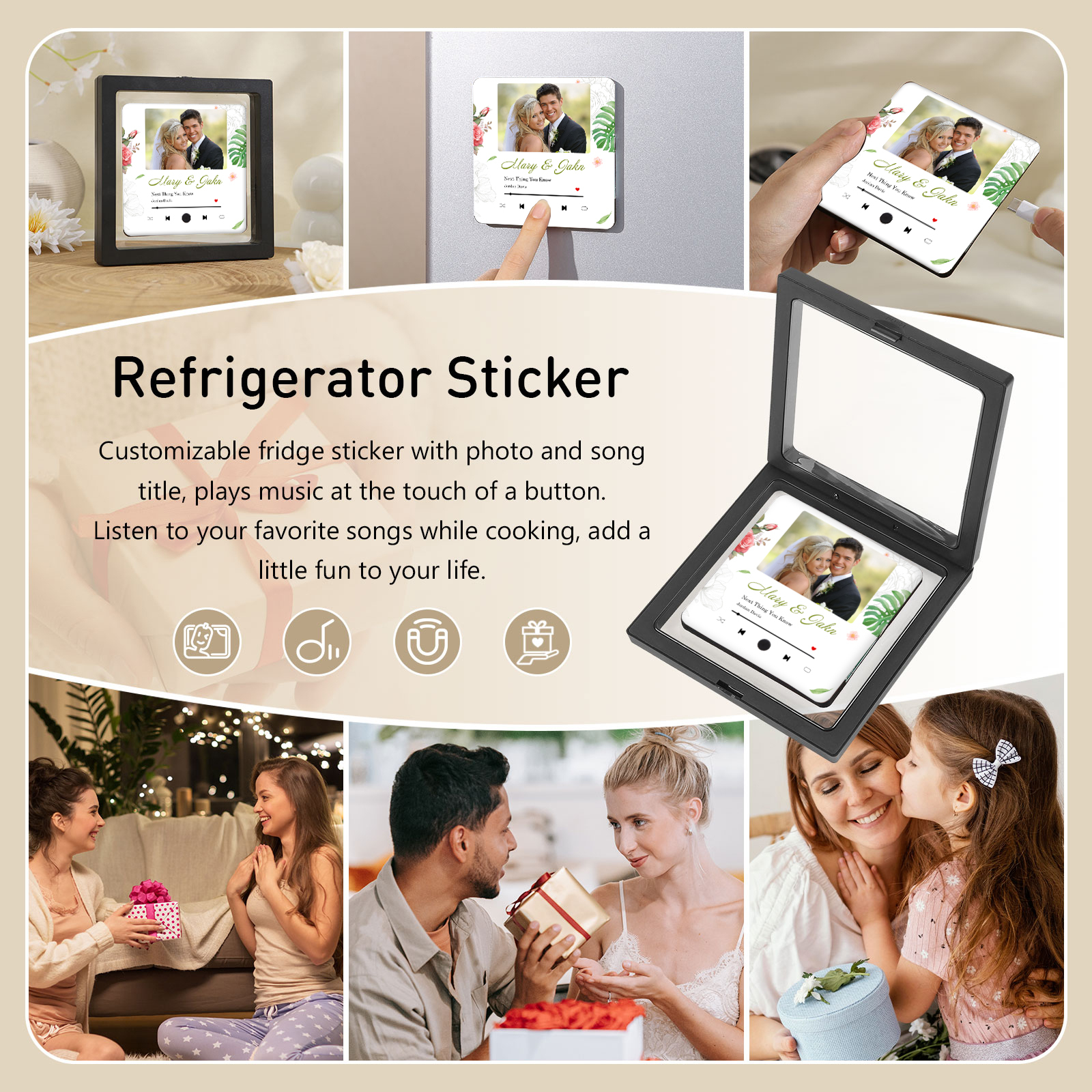 Aimant De Réfrigérateur de Musique 2 Prénoms et 1 Photo Personnalisé Aimant De Frigo en blanc pour Couple | Jessemade