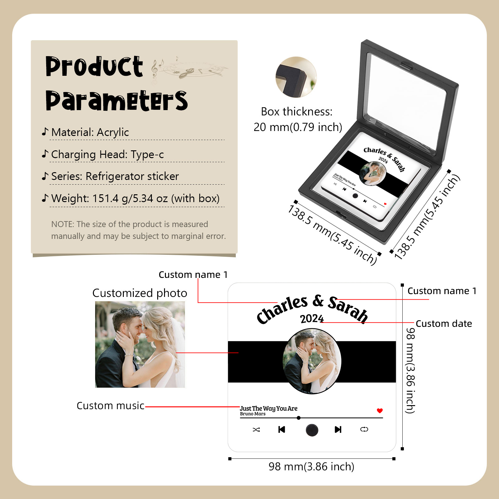 Aimant De Réfrigérateur de Musique Personnalisé 2 Prénoms et 1 Photo et Année Aimant De Frigo en blanc pour Couple | Jessemade