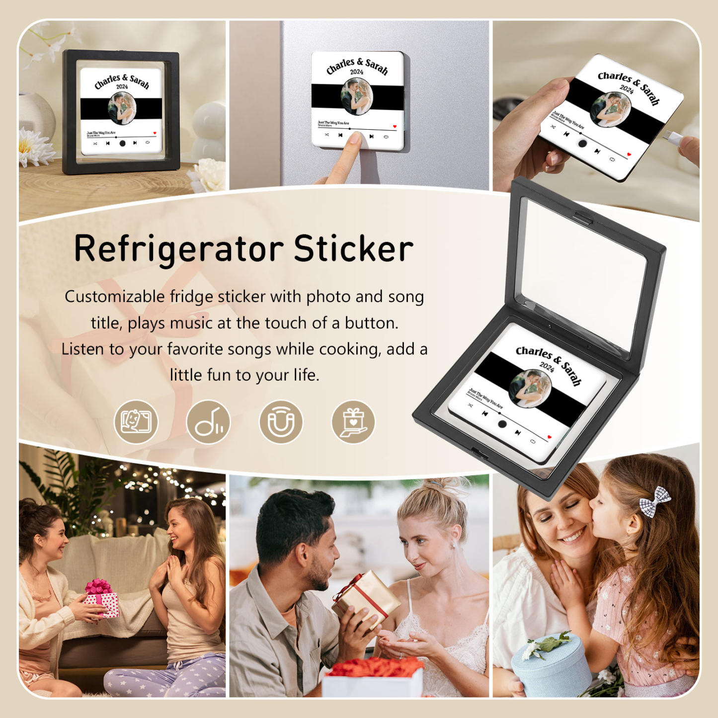 Aimant De Réfrigérateur de Musique Personnalisé 2 Prénoms et 1 Photo et Année Aimant De Frigo en blanc pour Couple | Jessemade