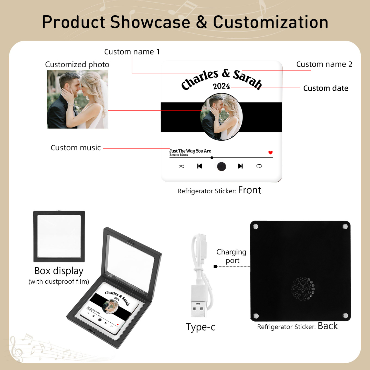 Aimant De Réfrigérateur de Musique Personnalisé 2 Prénoms et 1 Photo et Année Aimant De Frigo en blanc pour Couple | Jessemade