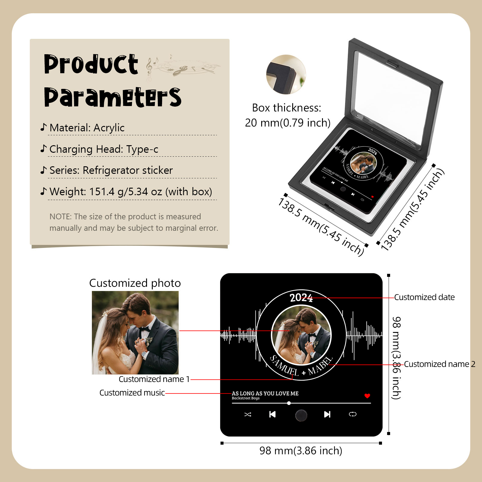 Aimant De Réfrigérateur de Musique Personnalisé avec 1 Photo et 2 Prénoms Aimant De Frigo en noir pour Couple | Jessemade