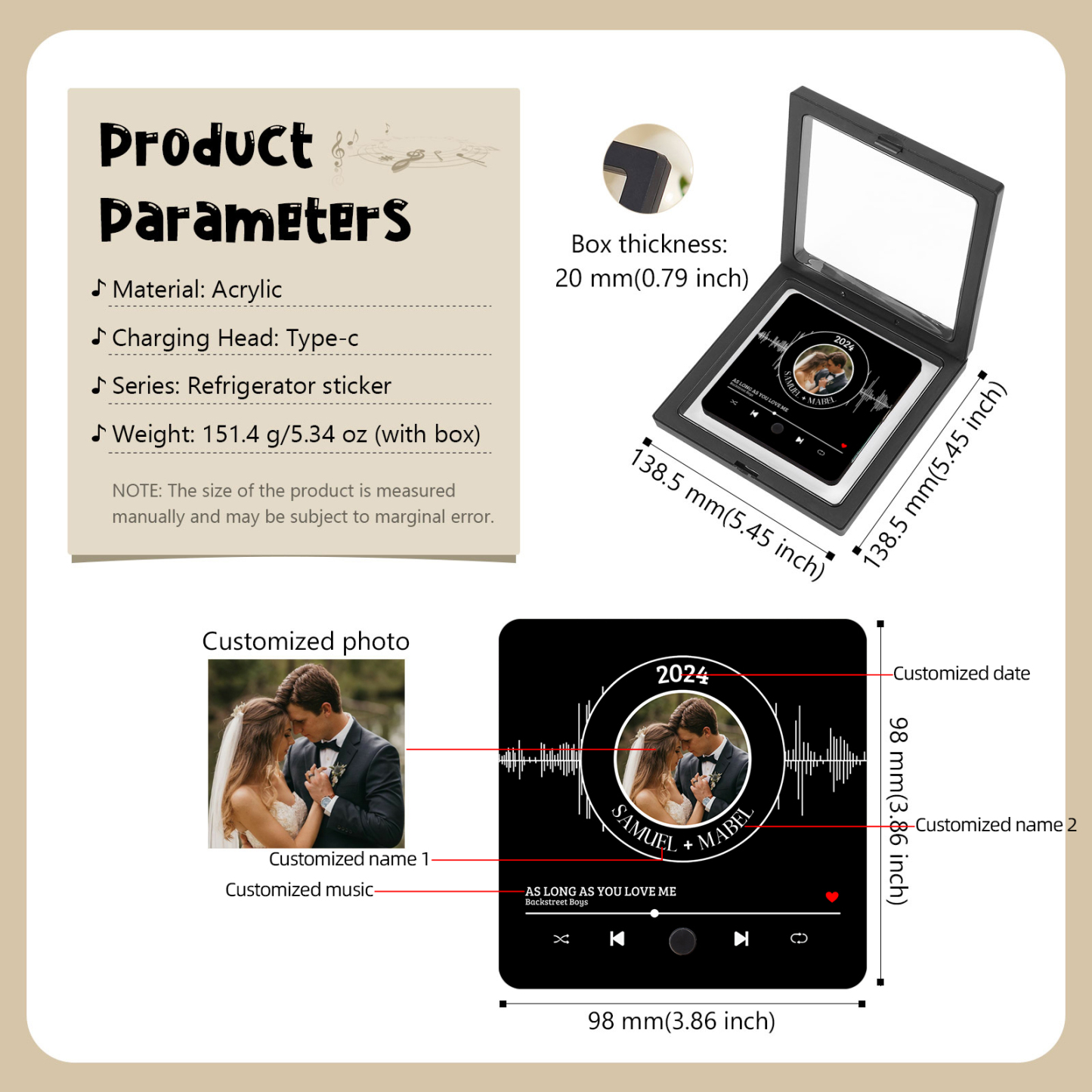 Aimant De Réfrigérateur de Musique Personnalisé avec 1 Photo et 2 Prénoms Aimant De Frigo en noir pour Couple | Jessemade