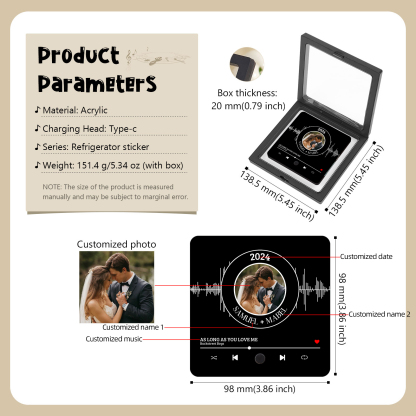 Aimant De Réfrigérateur de Musique Personnalisé avec 1 Photo et 2 Prénoms Aimant De Frigo en noir pour Couple | Jessemade