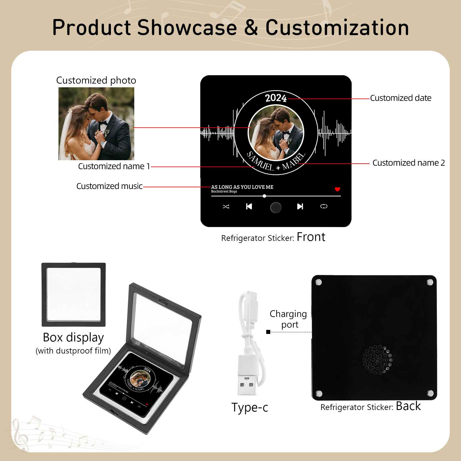 Aimant De Réfrigérateur de Musique Personnalisé avec 1 Photo et 2 Prénoms Aimant De Frigo en noir pour Couple | Jessemade