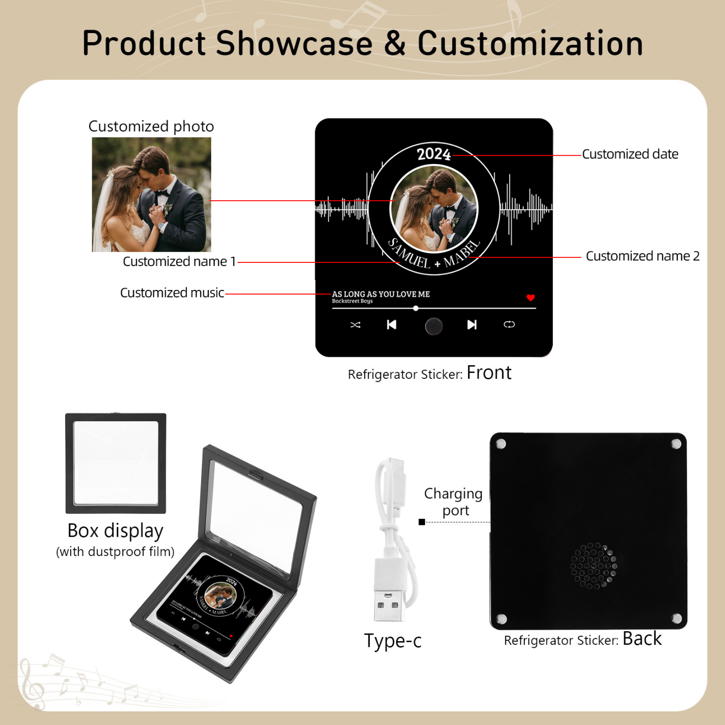 Aimant De Réfrigérateur de Musique Personnalisé avec 1 Photo et 2 Prénoms Aimant De Frigo en noir pour Couple | Jessemade