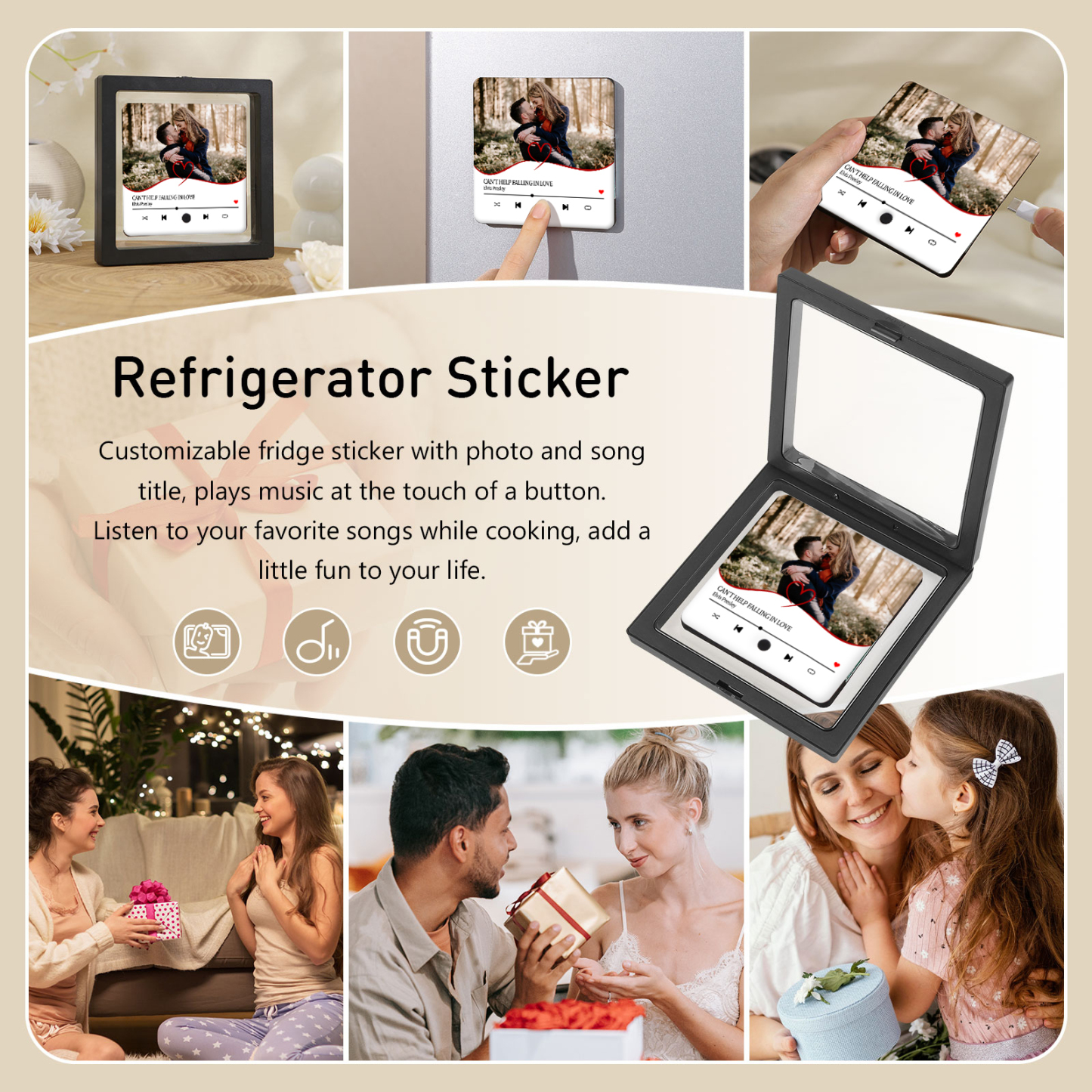 Aimant De Réfrigérateur de Musique Personnalisé avec 1 Photo Aimant De Frigo en blanc pour Couple | Jessemade