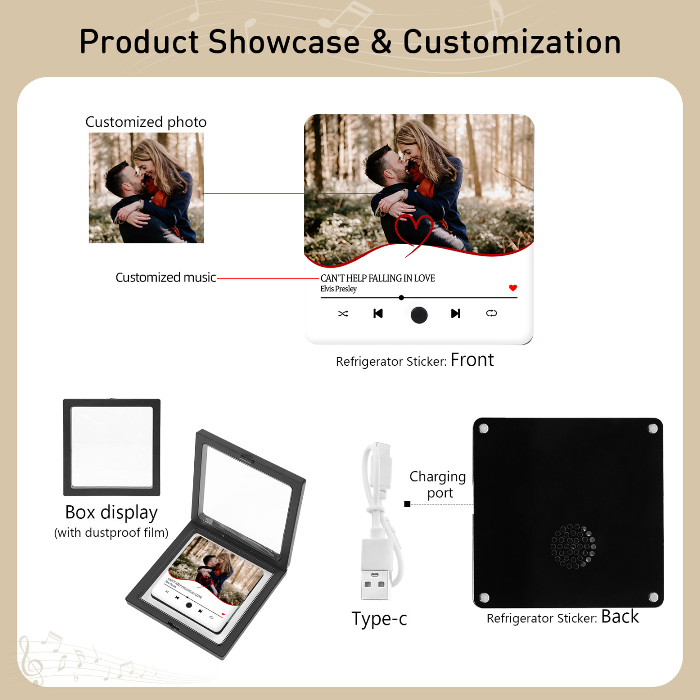 Aimant De Réfrigérateur de Musique Personnalisé avec 1 Photo Aimant De Frigo en blanc pour Couple | Jessemade