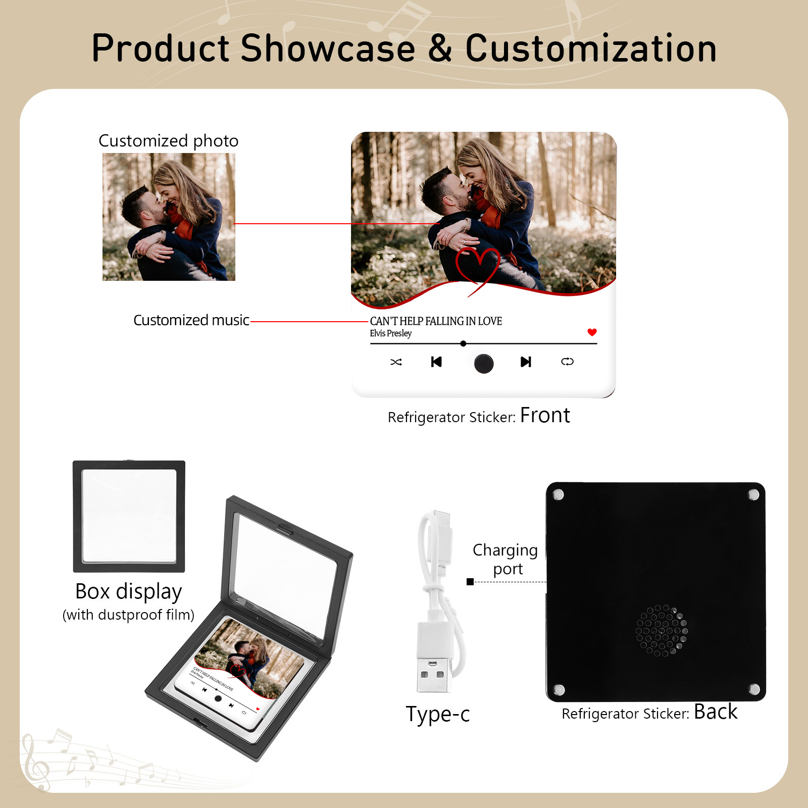 Aimant De Réfrigérateur de Musique Personnalisé avec 1 Photo Aimant De Frigo en blanc pour Couple | Jessemade