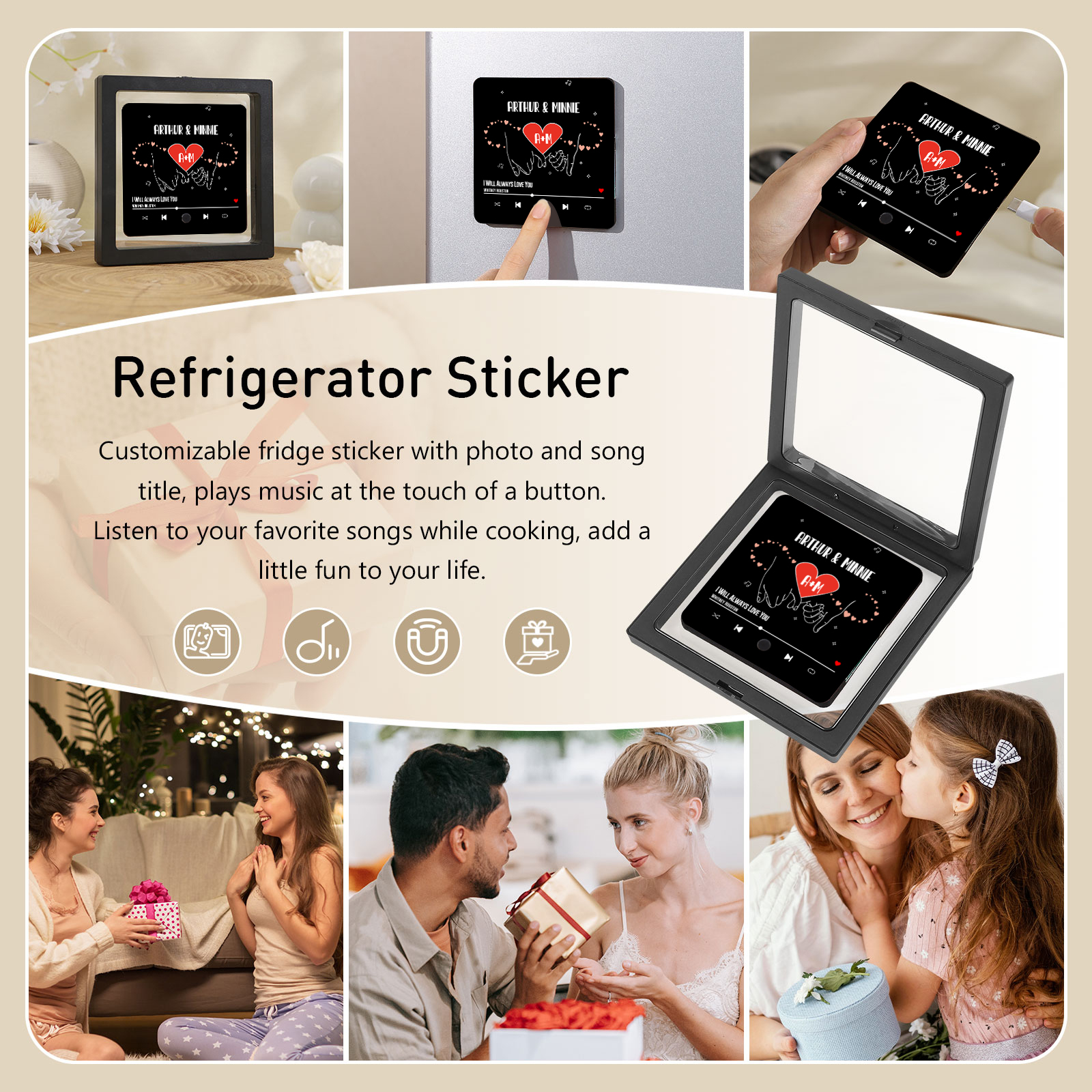 Aimant De Réfrigérateur de Musique 2 Prénoms et 2 Lettres Personnalisé Aimant De Frigo coeur en noir pour Couple | Jessemade