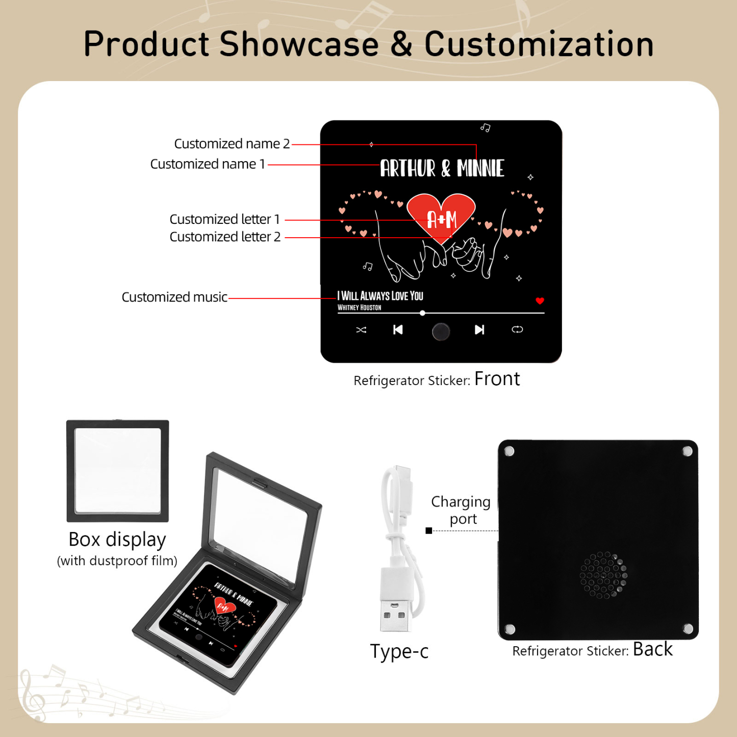Aimant De Réfrigérateur de Musique 2 Prénoms et 2 Lettres Personnalisé Aimant De Frigo coeur en noir pour Couple | Jessemade
