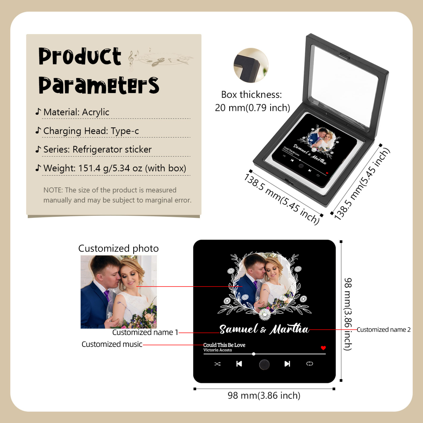 Aimant De Réfrigérateur de Musique 1 Photo et 2 Prénoms Personnalisé Aimant De Frigo en noir pour Couple | Jessemade