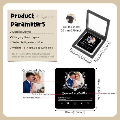 Aimant De Réfrigérateur de Musique 1 Photo et 2 Prénoms Personnalisé Aimant De Frigo en noir pour Couple | Jessemade