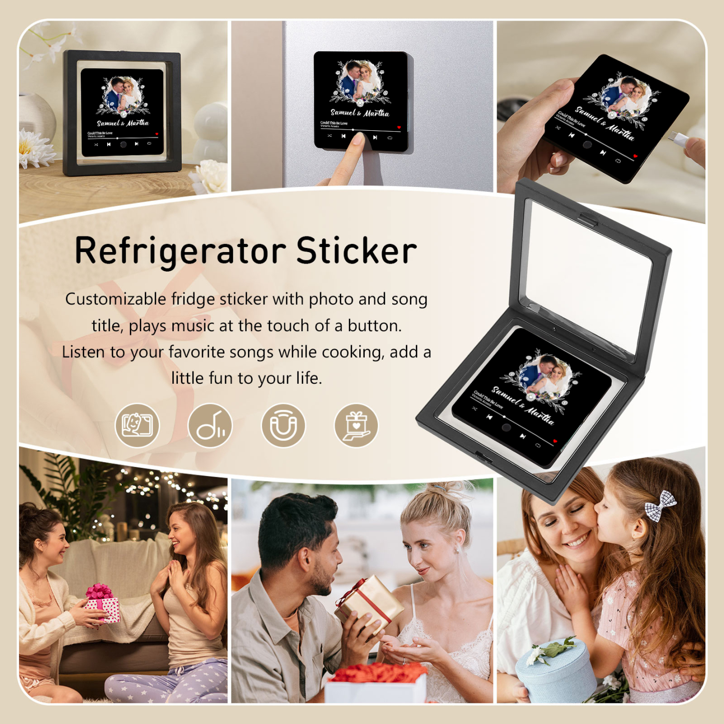 Aimant De Réfrigérateur de Musique 1 Photo et 2 Prénoms Personnalisé Aimant De Frigo en noir pour Couple | Jessemade