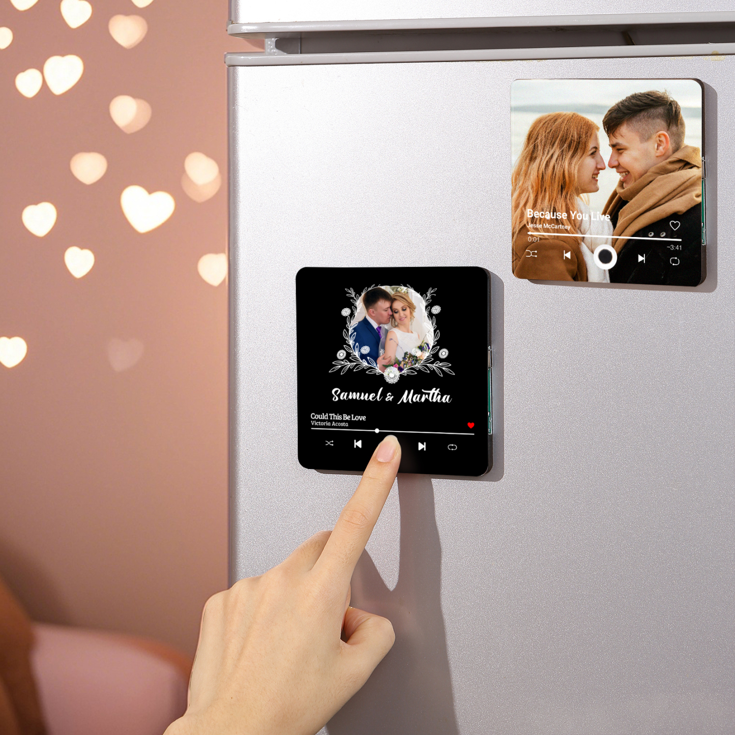 Aimant De Réfrigérateur de Musique 1 Photo et 2 Prénoms Personnalisé Aimant De Frigo en noir pour Couple | Jessemade