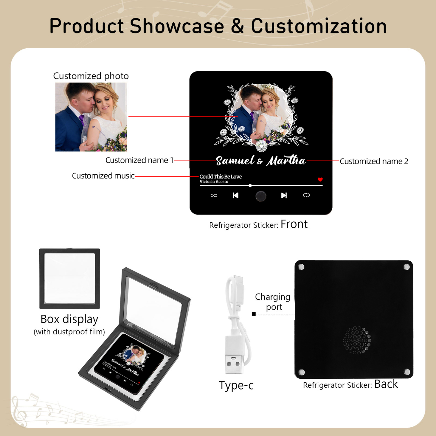 Aimant De Réfrigérateur de Musique 1 Photo et 2 Prénoms Personnalisé Aimant De Frigo en noir pour Couple | Jessemade