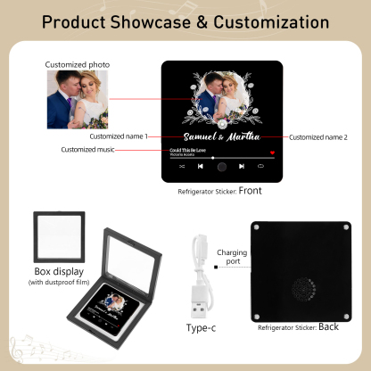 Aimant De Réfrigérateur de Musique 1 Photo et 2 Prénoms Personnalisé Aimant De Frigo en noir pour Couple | Jessemade
