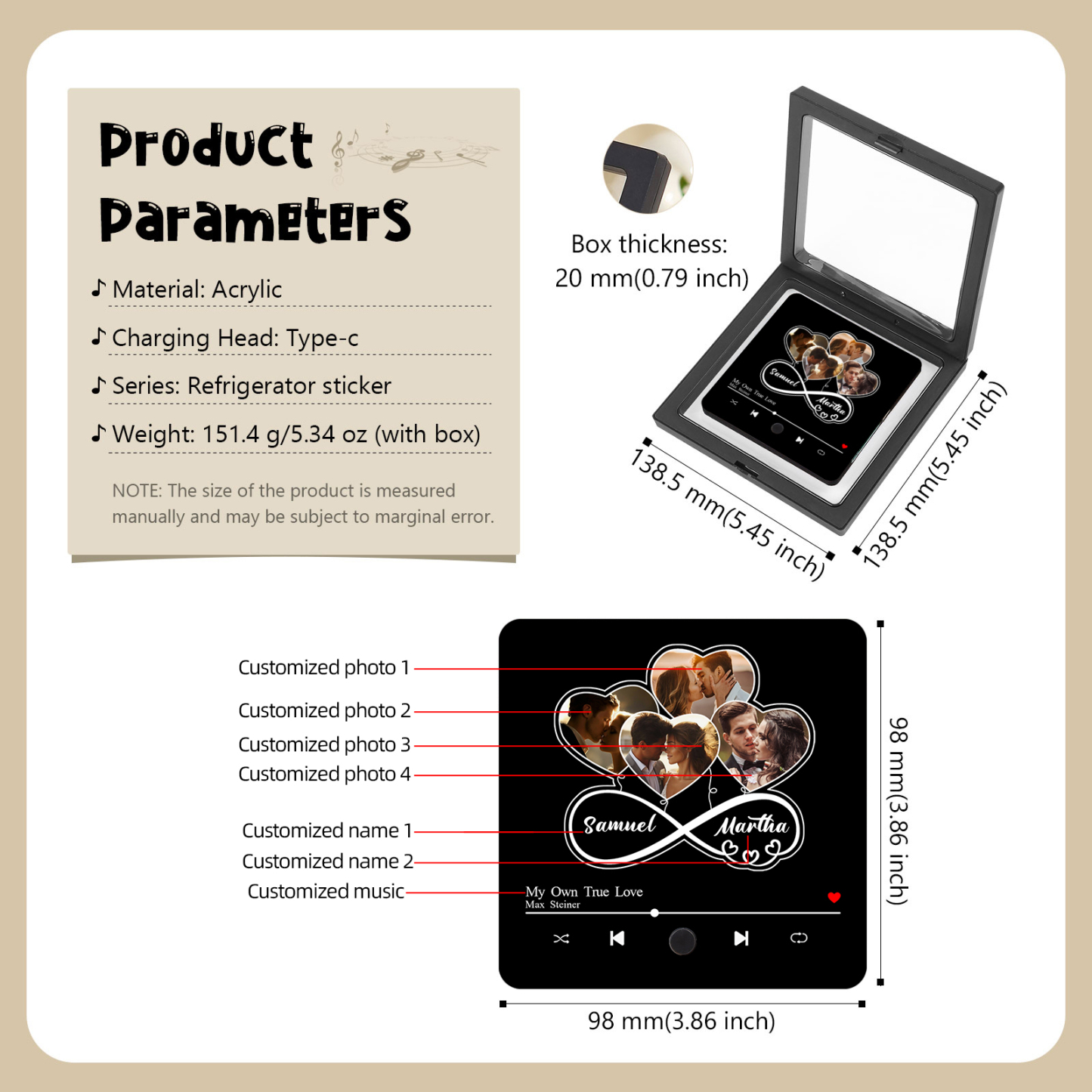 Aimant De Réfrigérateur de Musique Personnalisé 4 Photos et 2 Prénoms Aimant De Frigo coeur en noir pour Couple | Jessemade