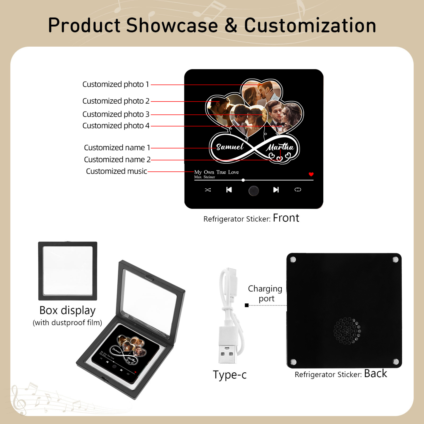 Aimant De Réfrigérateur de Musique Personnalisé 4 Photos et 2 Prénoms Aimant De Frigo coeur en noir pour Couple | Jessemade