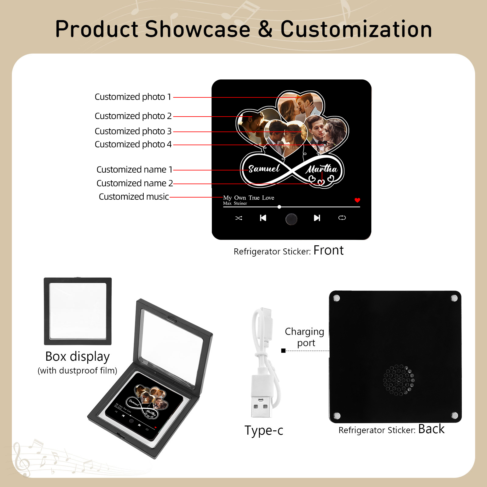Aimant De Réfrigérateur de Musique Personnalisé 4 Photos et 2 Prénoms Aimant De Frigo coeur en noir pour Couple | Jessemade