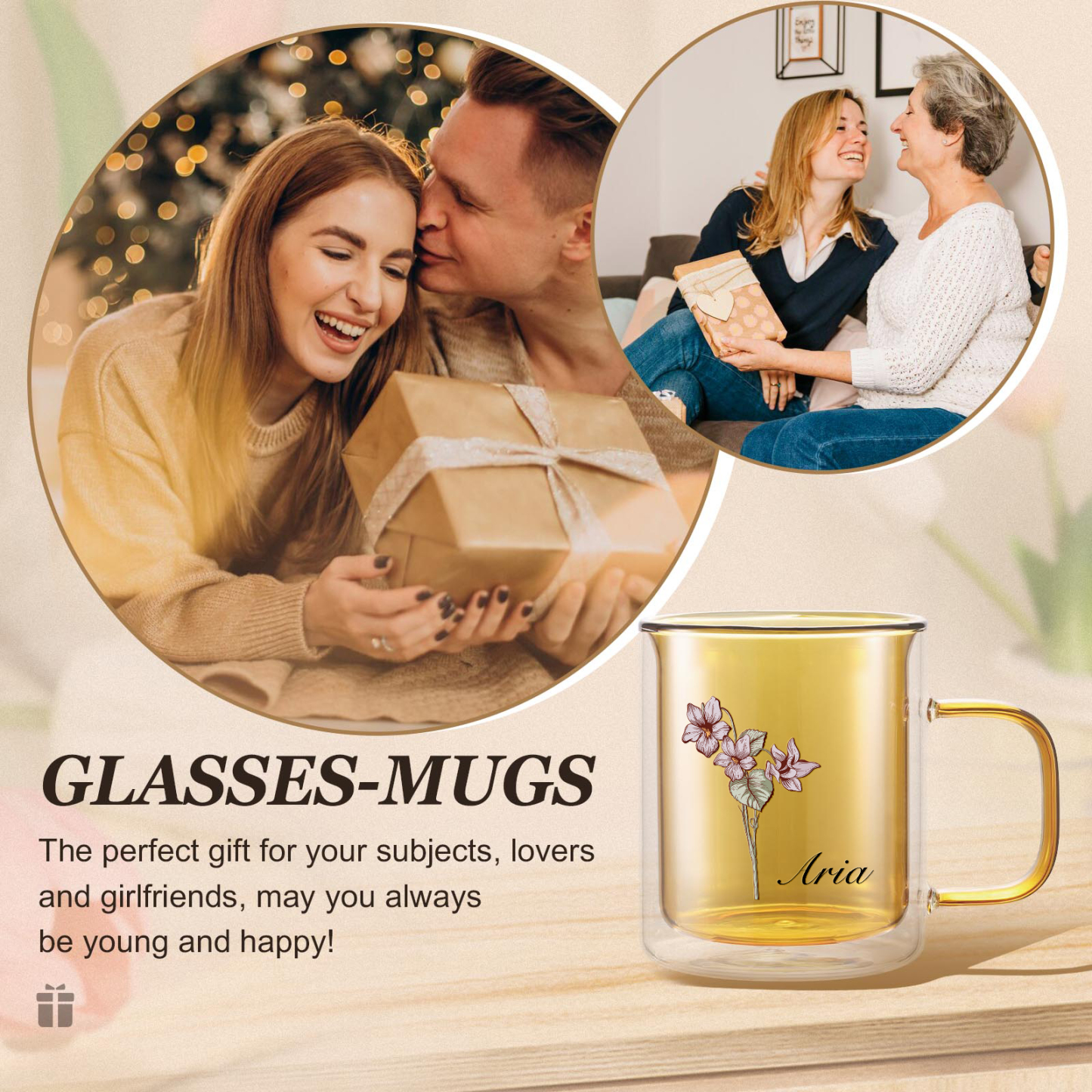 Mug en verre 1 Prénom Personnalisé avec Fleur de Naissance Cadeau pour Vos Amis/ Proches| Jessemade