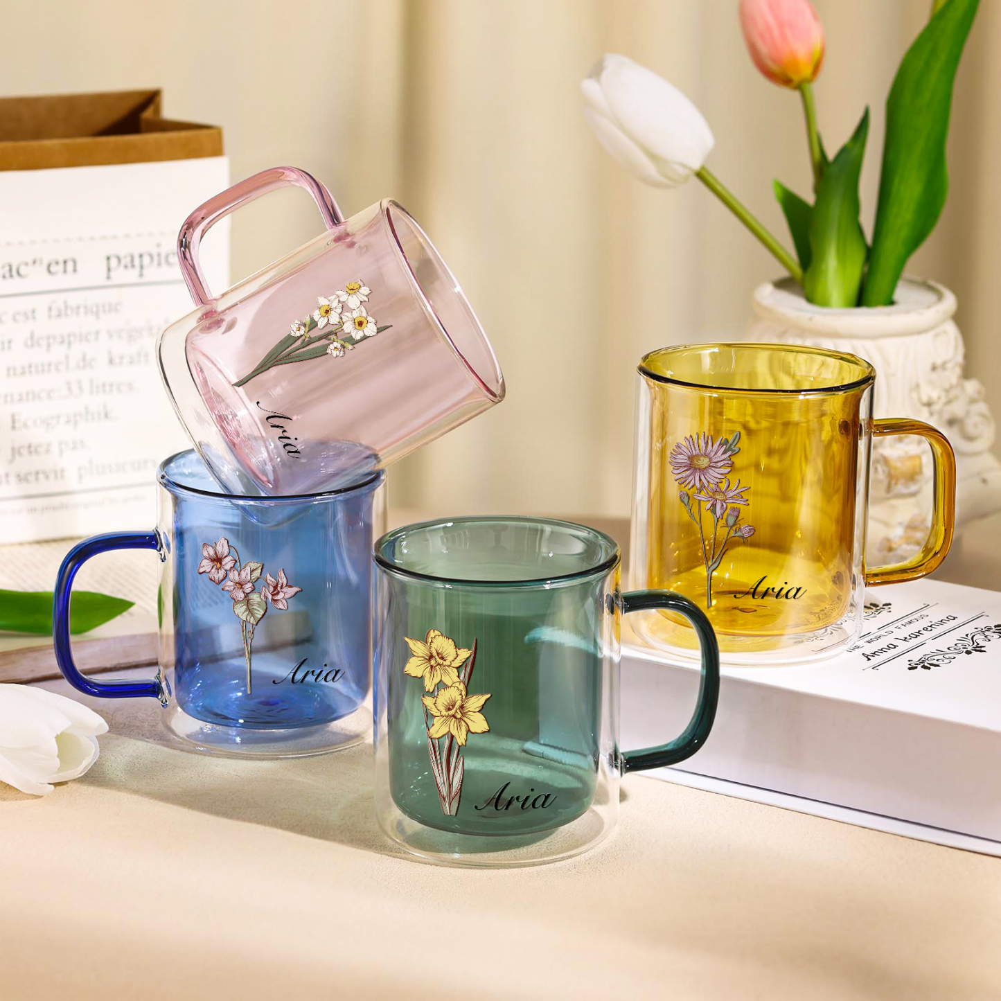 Mug en verre 1 Prénom Personnalisé avec Fleur de Naissance Cadeau pour Vos Amis/ Proches| Jessemade