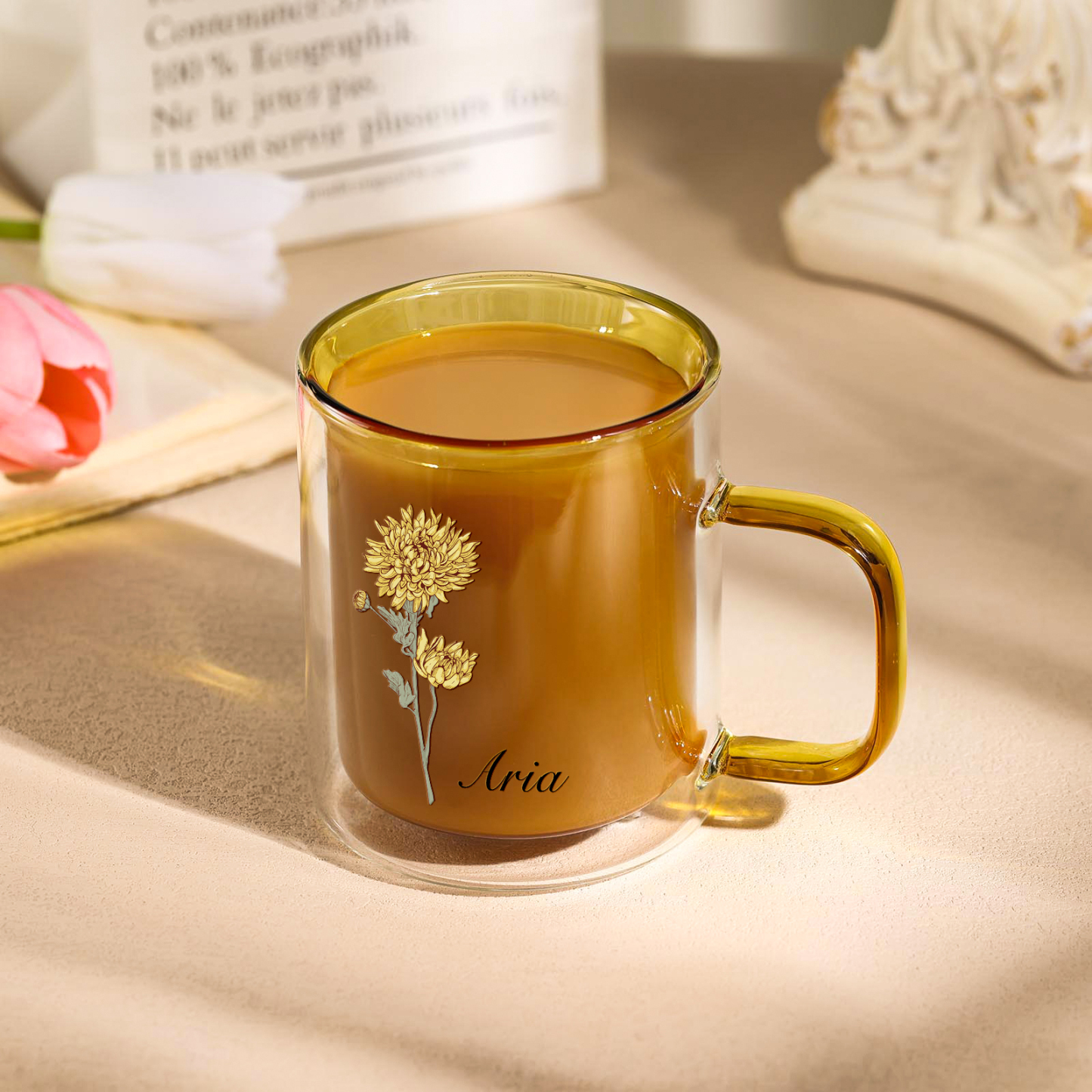 Mug en verre 1 Prénom Personnalisé avec Fleur de Naissance Cadeau pour Vos Amis/ Proches| Jessemade