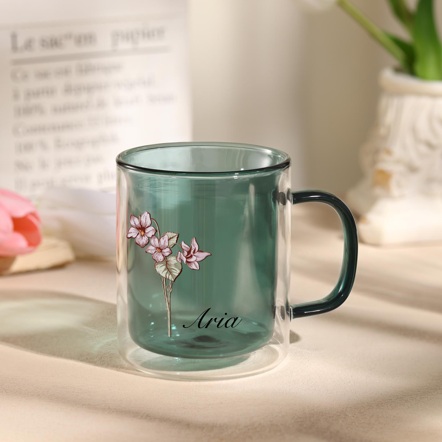 Mug en verre 1 Prénom Personnalisé avec Fleur de Naissance Cadeau pour Vos Amis/ Proches| Jessemade
