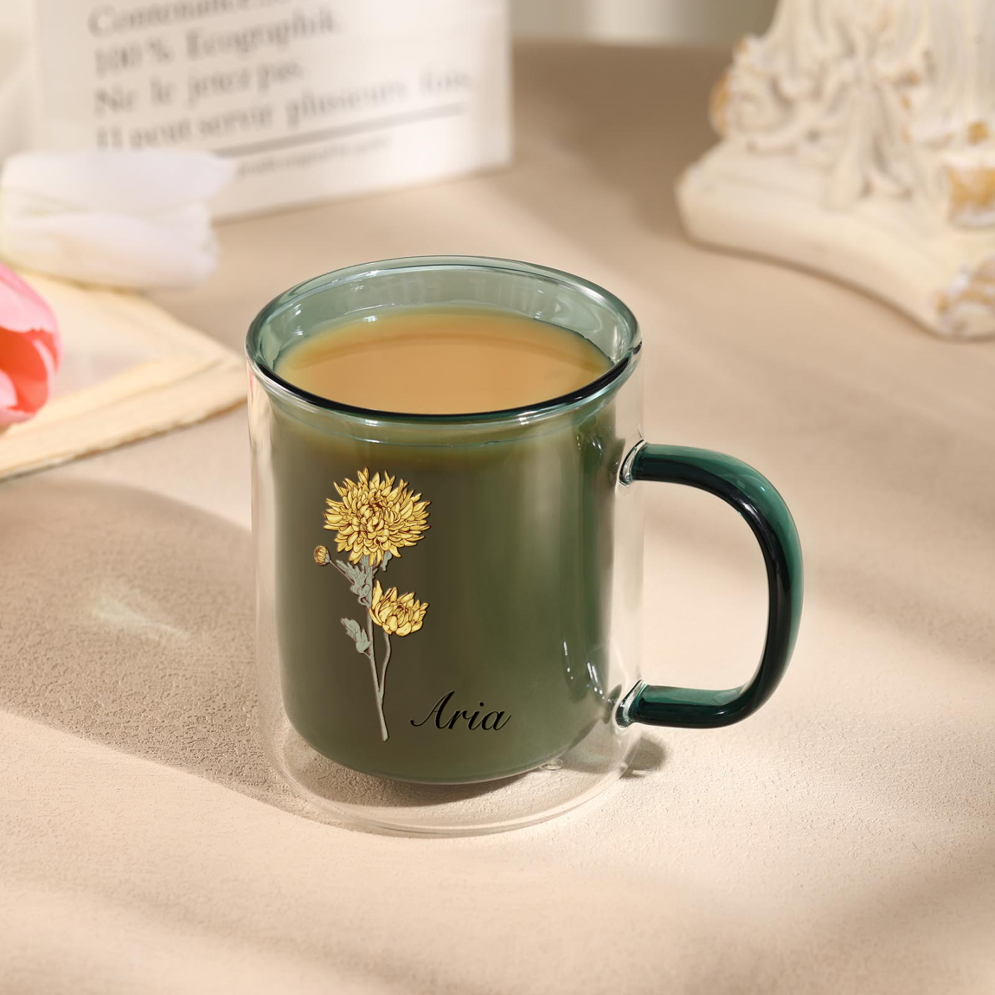 Mug en verre 1 Prénom Personnalisé avec Fleur de Naissance Cadeau pour Vos Amis/ Proches| Jessemade
