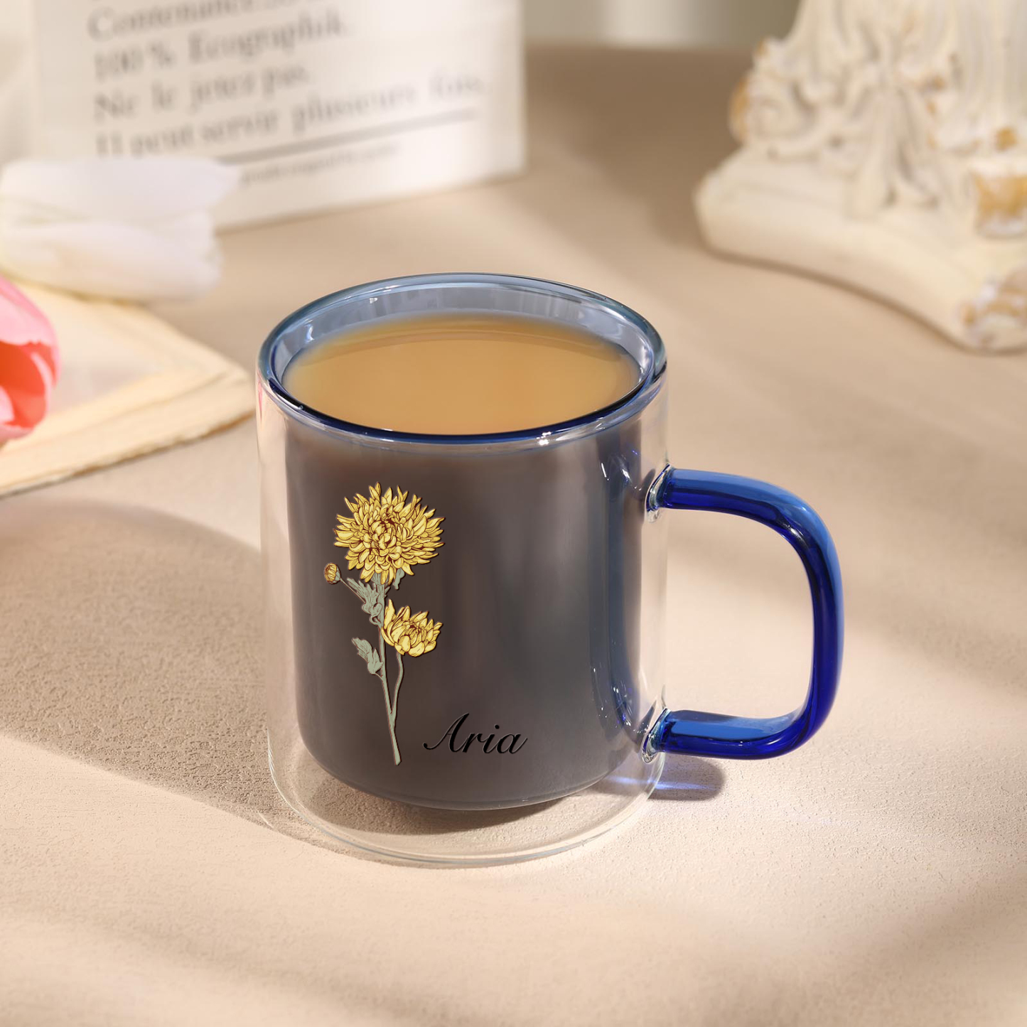 Mug en verre 1 Prénom Personnalisé avec Fleur de Naissance Cadeau pour Vos Amis/ Proches| Jessemade