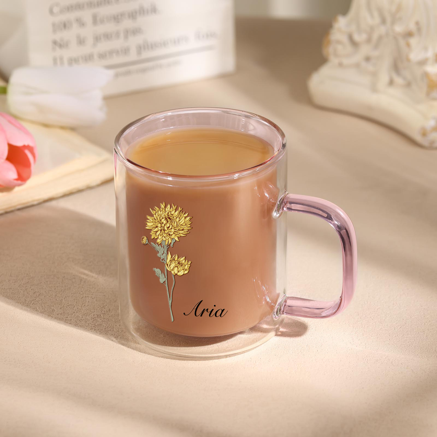 Mug en verre 1 Prénom Personnalisé avec Fleur de Naissance Cadeau pour Vos Amis/ Proches| Jessemade