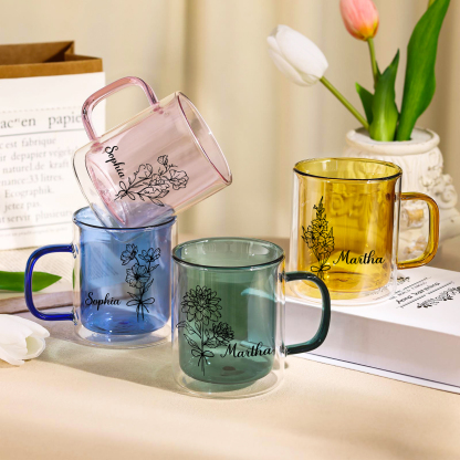 Mug en verre Personnalisé avec Prénom et Fleur de Naissance Cadeau pour Vos Amis/ Proches | Jessemade