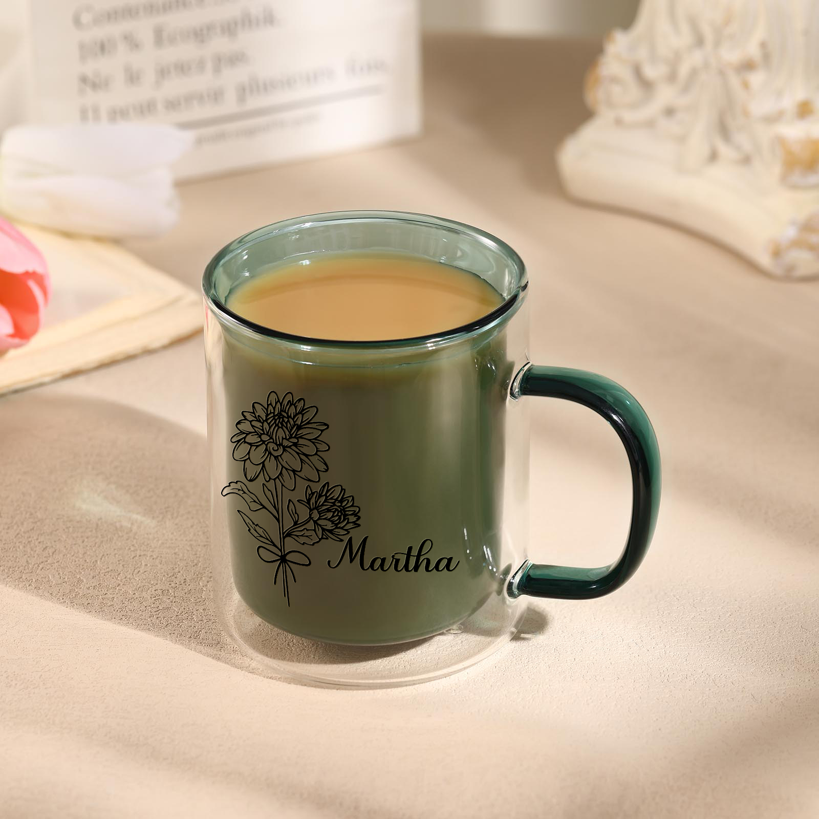 Mug en verre Personnalisé avec Prénom et Fleur de Naissance Cadeau pour Vos Amis/ Proches | Jessemade