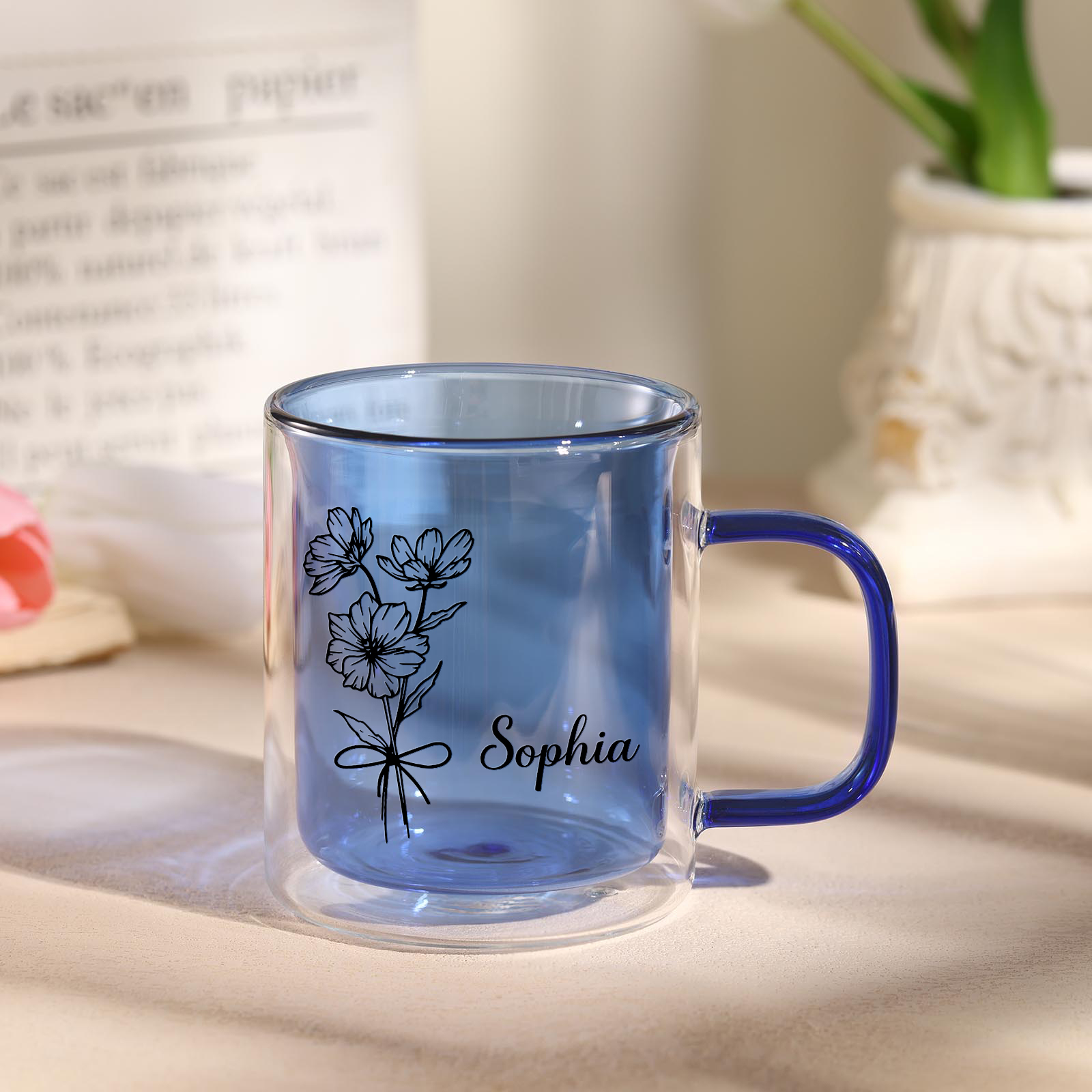 Mug en verre Personnalisé avec Prénom et Fleur de Naissance Cadeau pour Vos Amis/ Proches | Jessemade