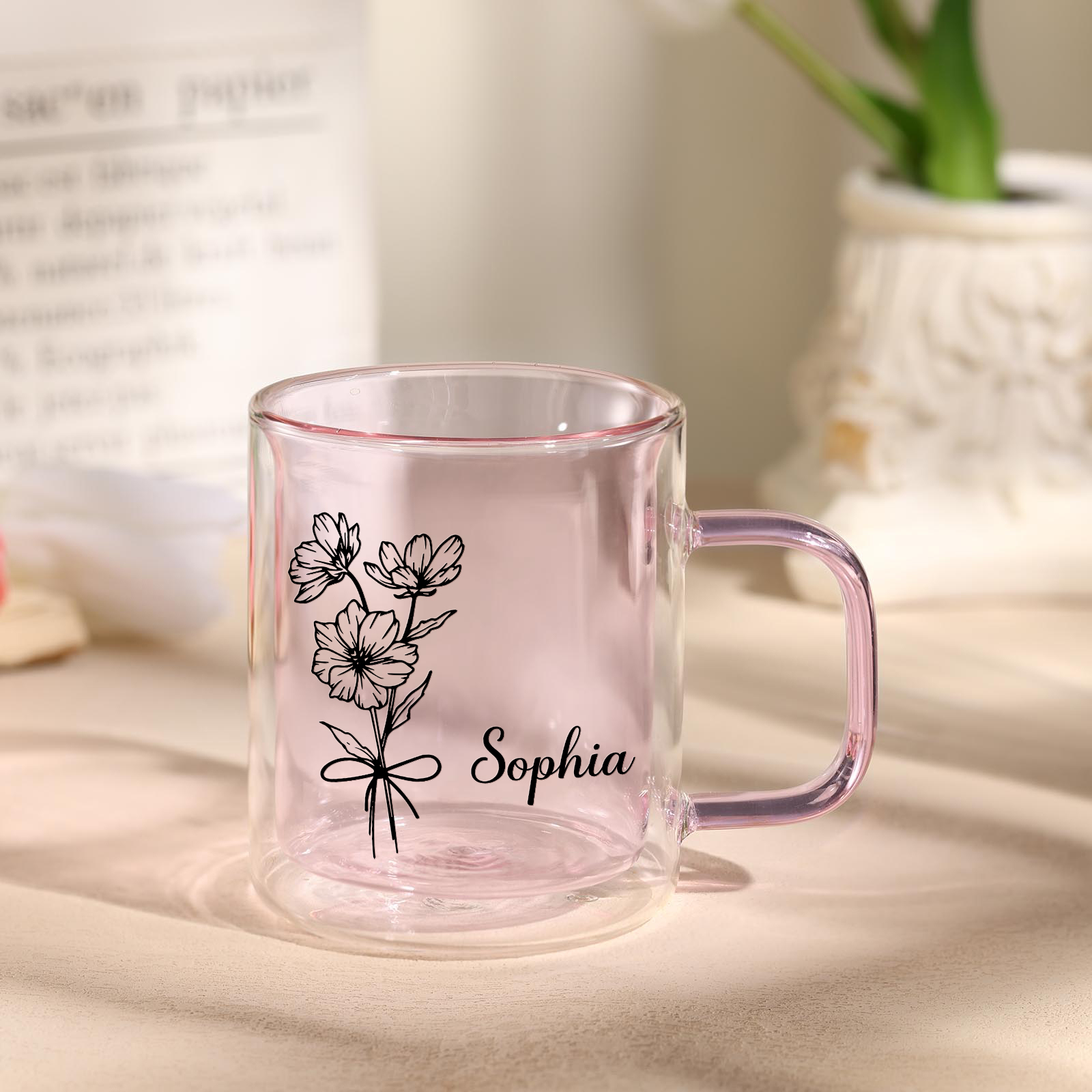 Mug en verre Personnalisé avec Prénom et Fleur de Naissance Cadeau pour Vos Amis/ Proches | Jessemade